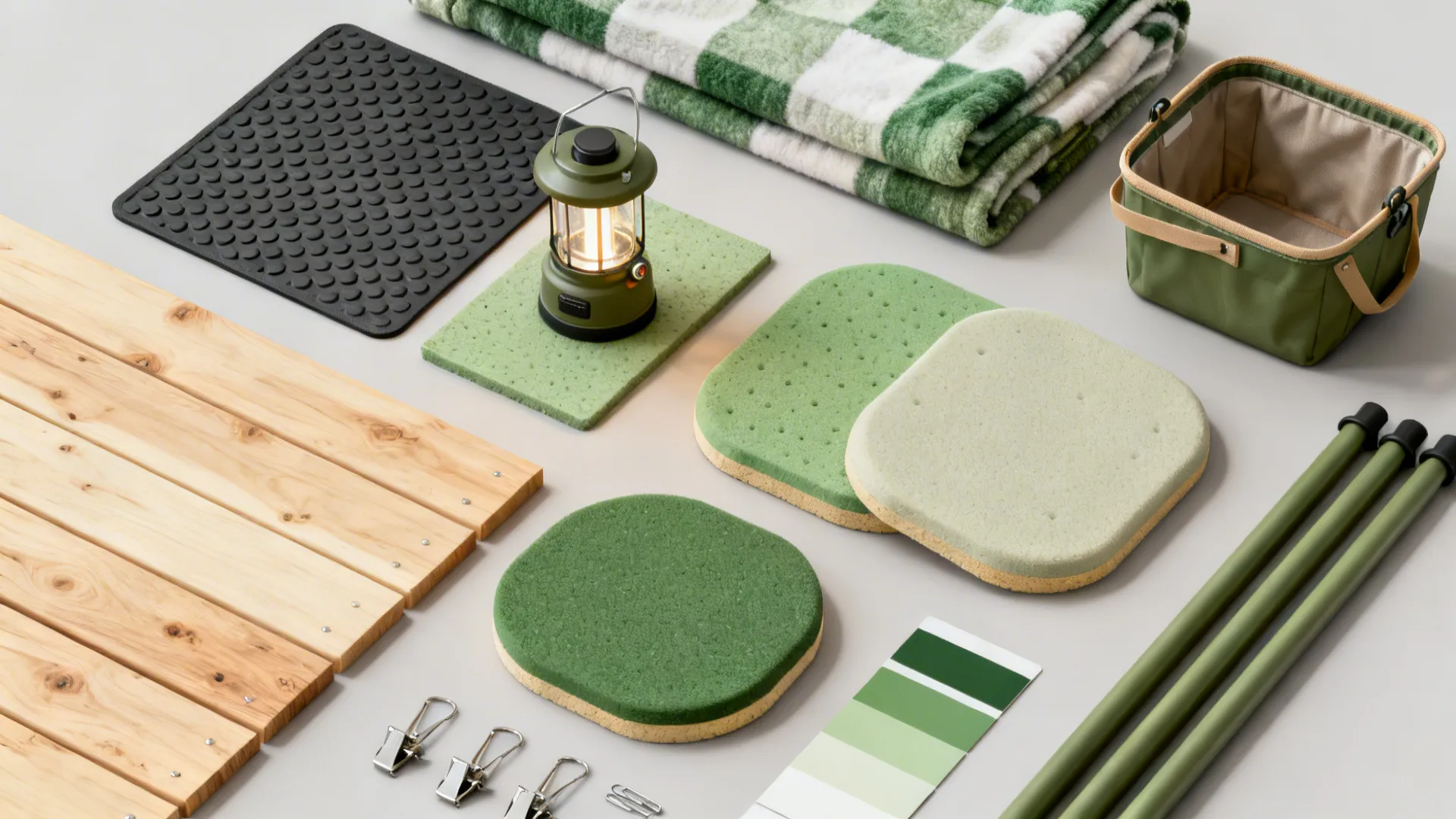 Flatlay of fort materials including non-slip pads, washable blankets, battery lantern and clips.
