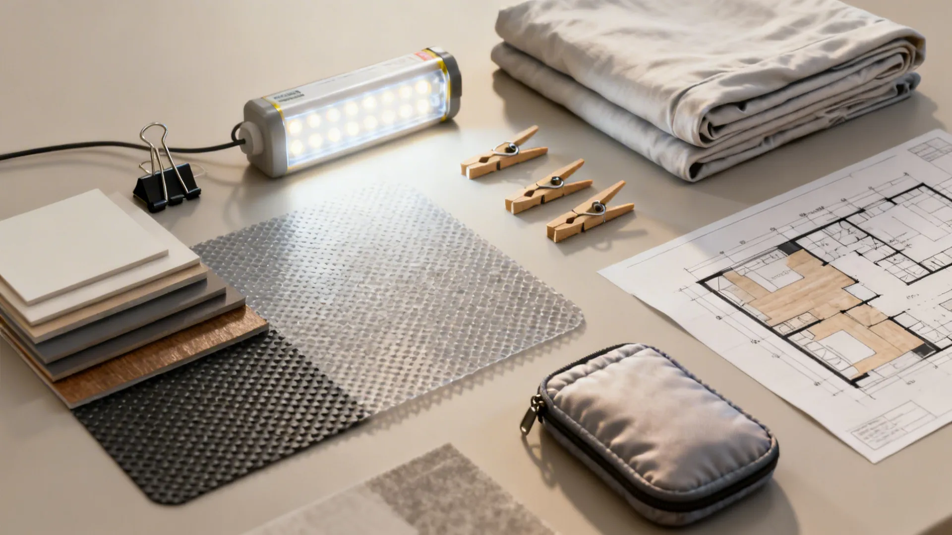 Top-down flatlay of LED lights, binder clips, non-slip liners, folded sheet and a sketched floor plan for fort safety.