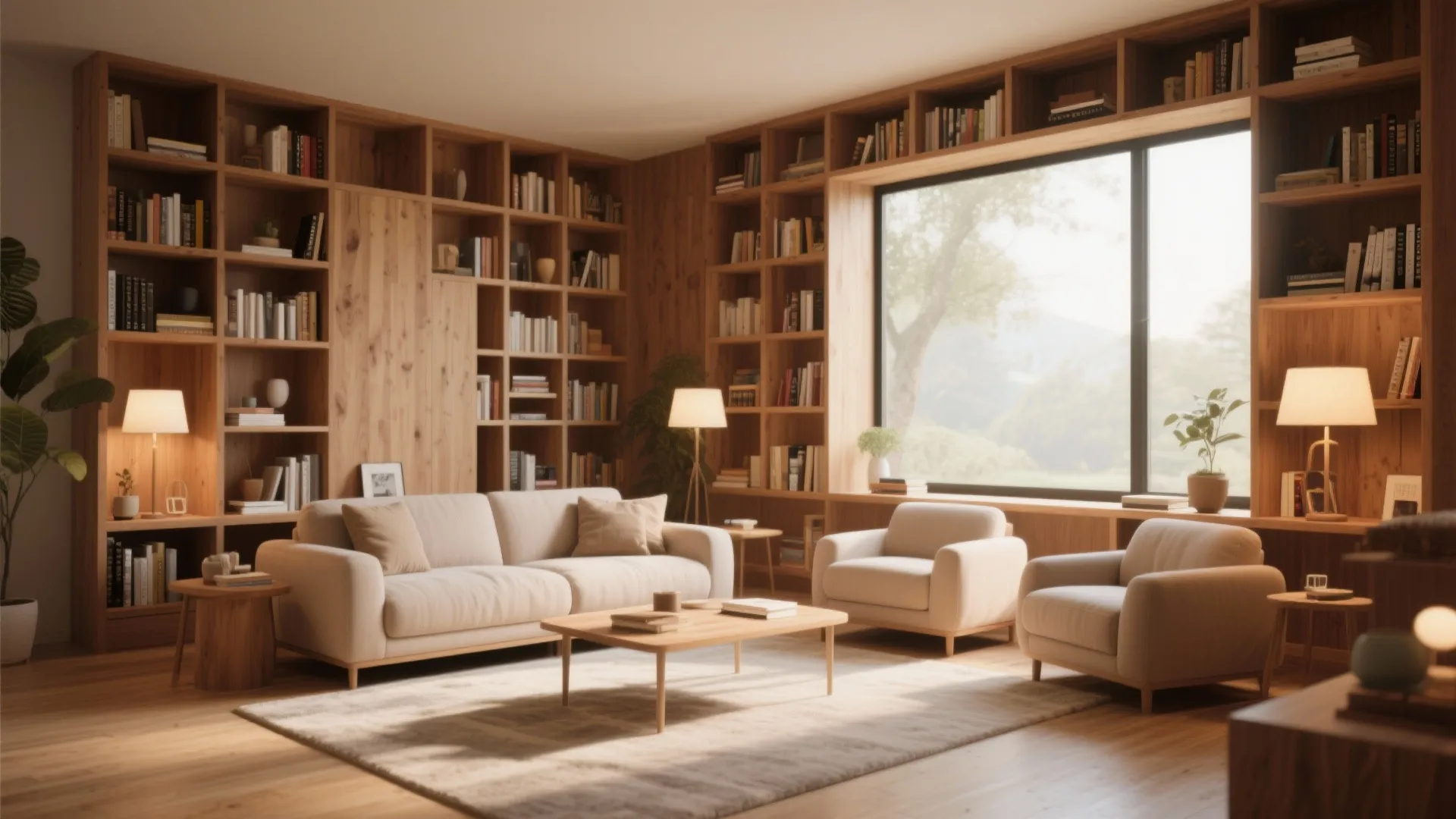 Modern living room with large wooden bookshelves cream sofa armchairs and big window garden view