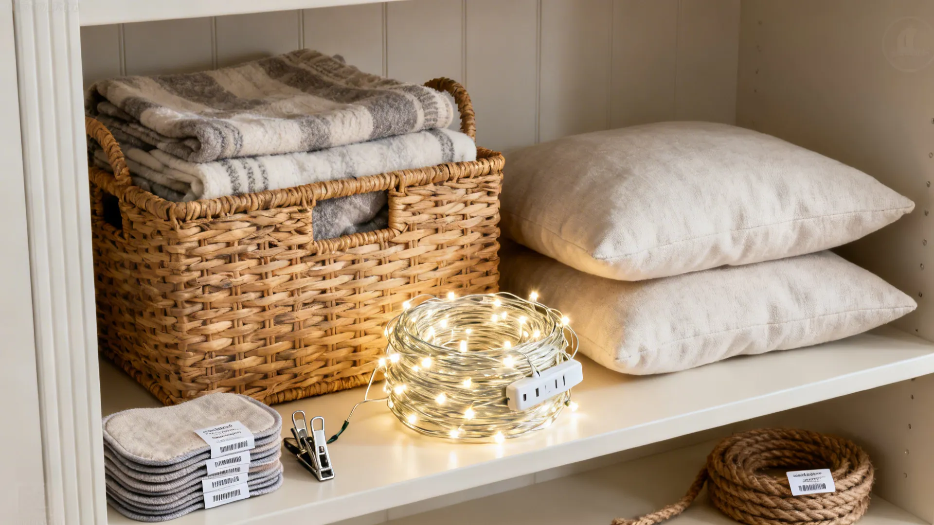 Woven storage basket with blankets next to white pillows and warm string lights on shelf