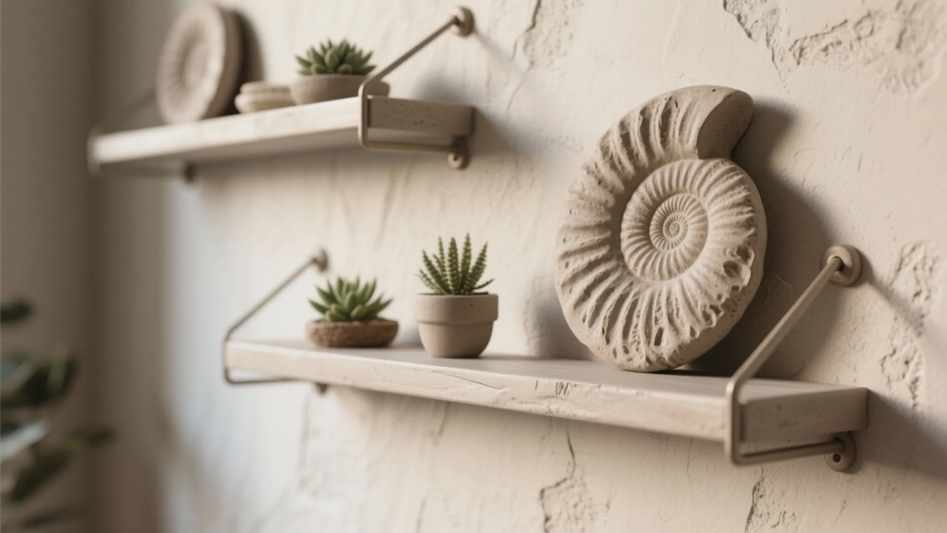 Floating wooden wall shelves displaying round stone fossil decorations and small green potted plants in pots