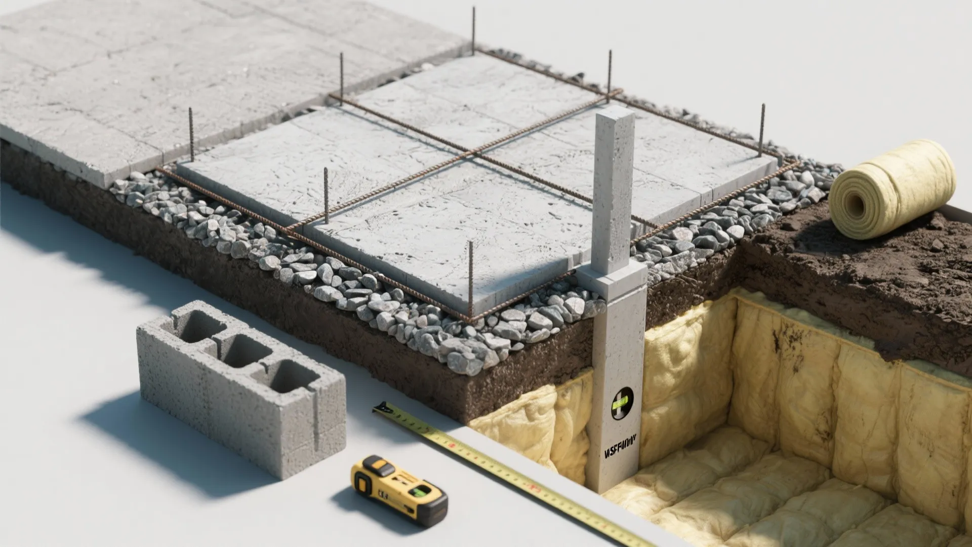 Interior design drawing showing concrete floor foundation with gravel metal rods insulation and measuring tool