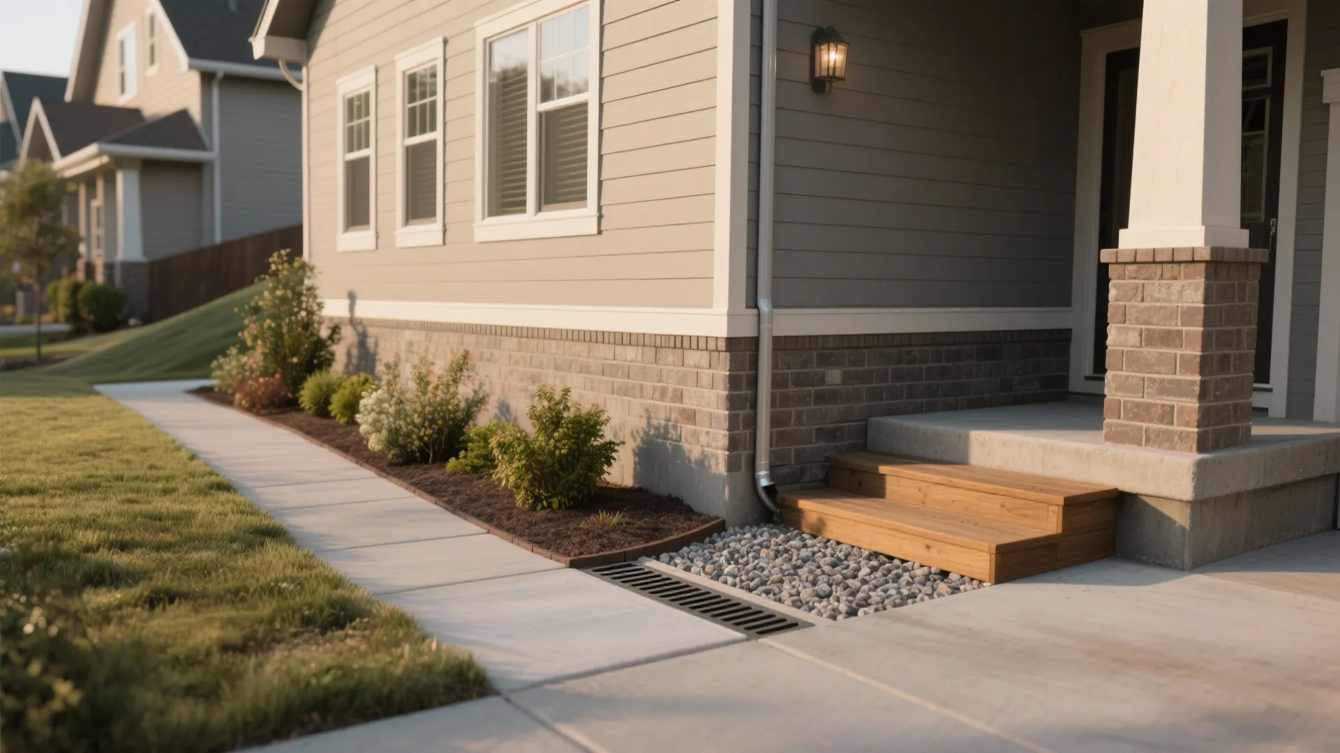 Exterior house foundation featuring wooden steps with a stone drainage area and small green garden plants
