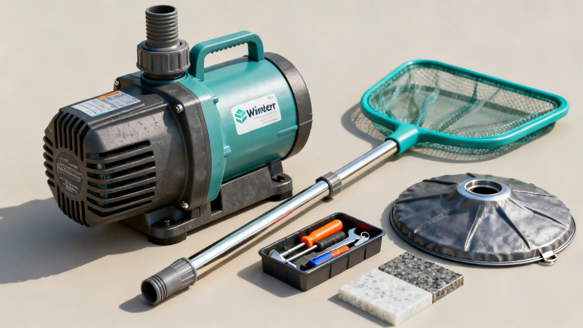Maintenance kit for small outdoor fountains including pump, skimmer, and winter cover.