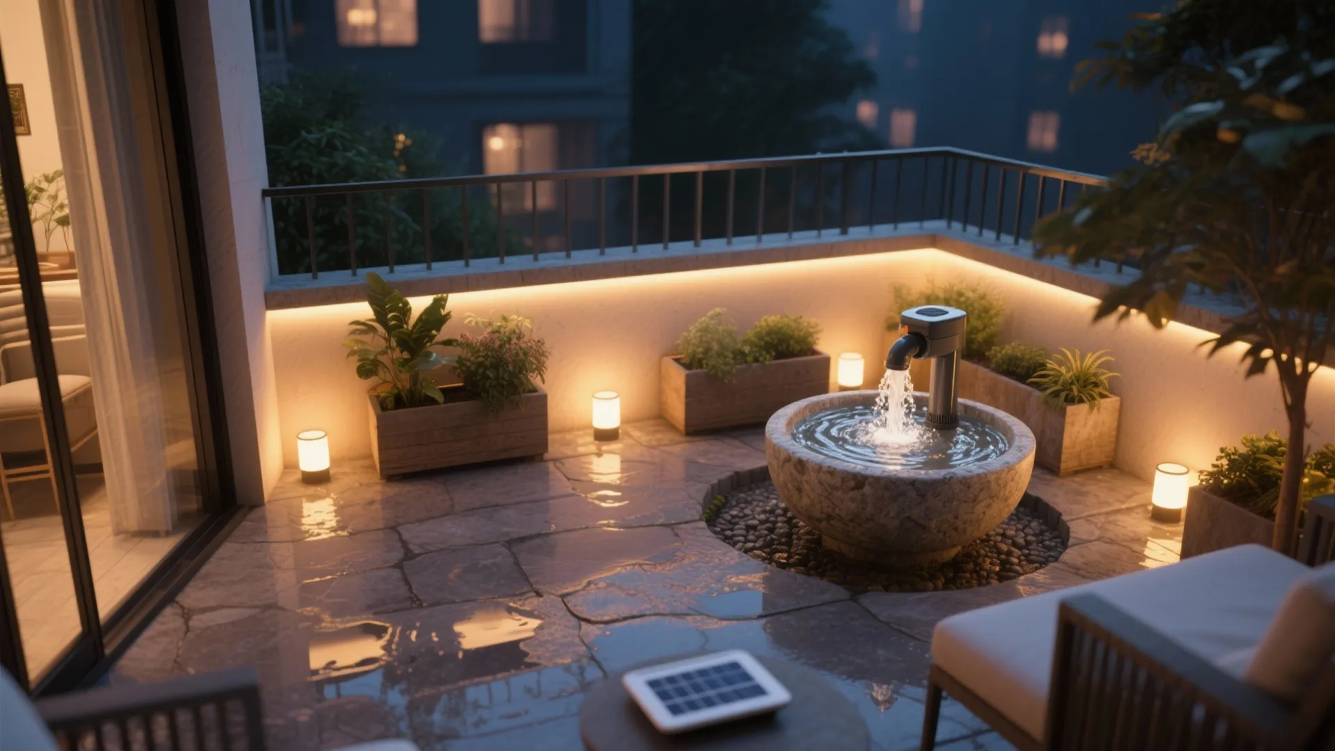 5. Small Water Features and Night Lighting