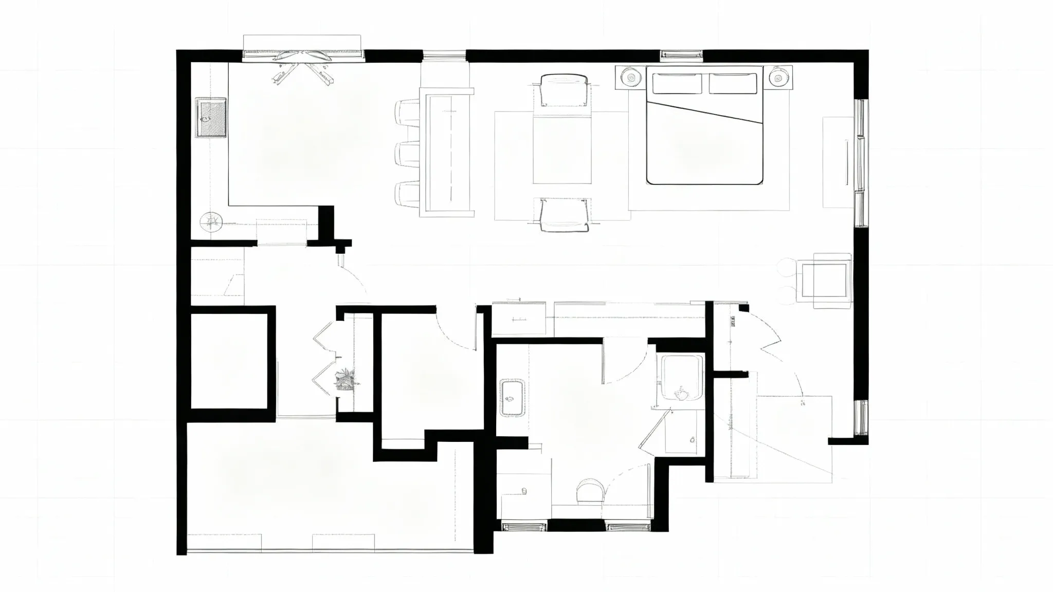A clean interior design drawing of a floor plan layout featuring bedroom furniture and walls