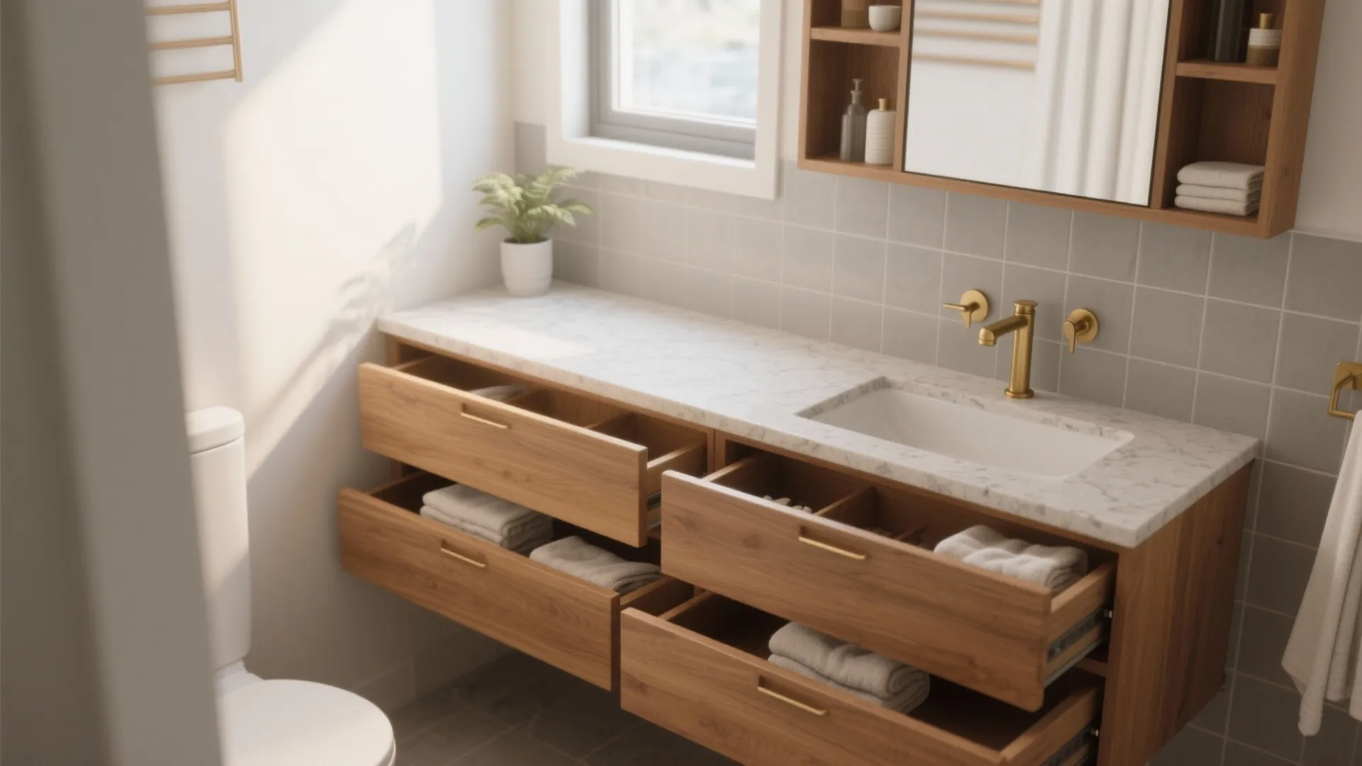 Wooden bathroom cabinet with four open drawers white marble countertop gold faucet and small plant