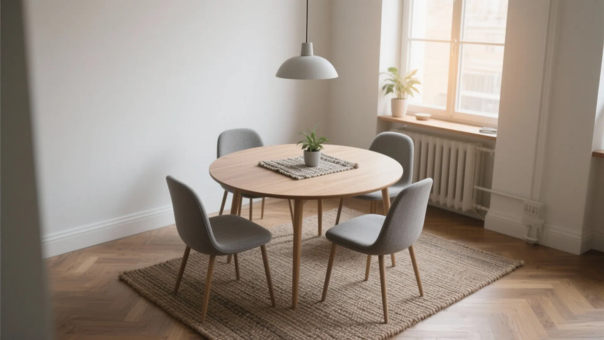 Round wooden dining table with four grey chairs, grey ceiling light, and brown area rug