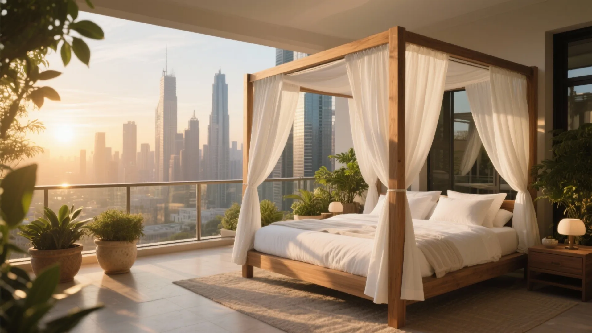 Wooden bed with white curtains on balcony overlooking city skyscrapers during sunset with potted plants