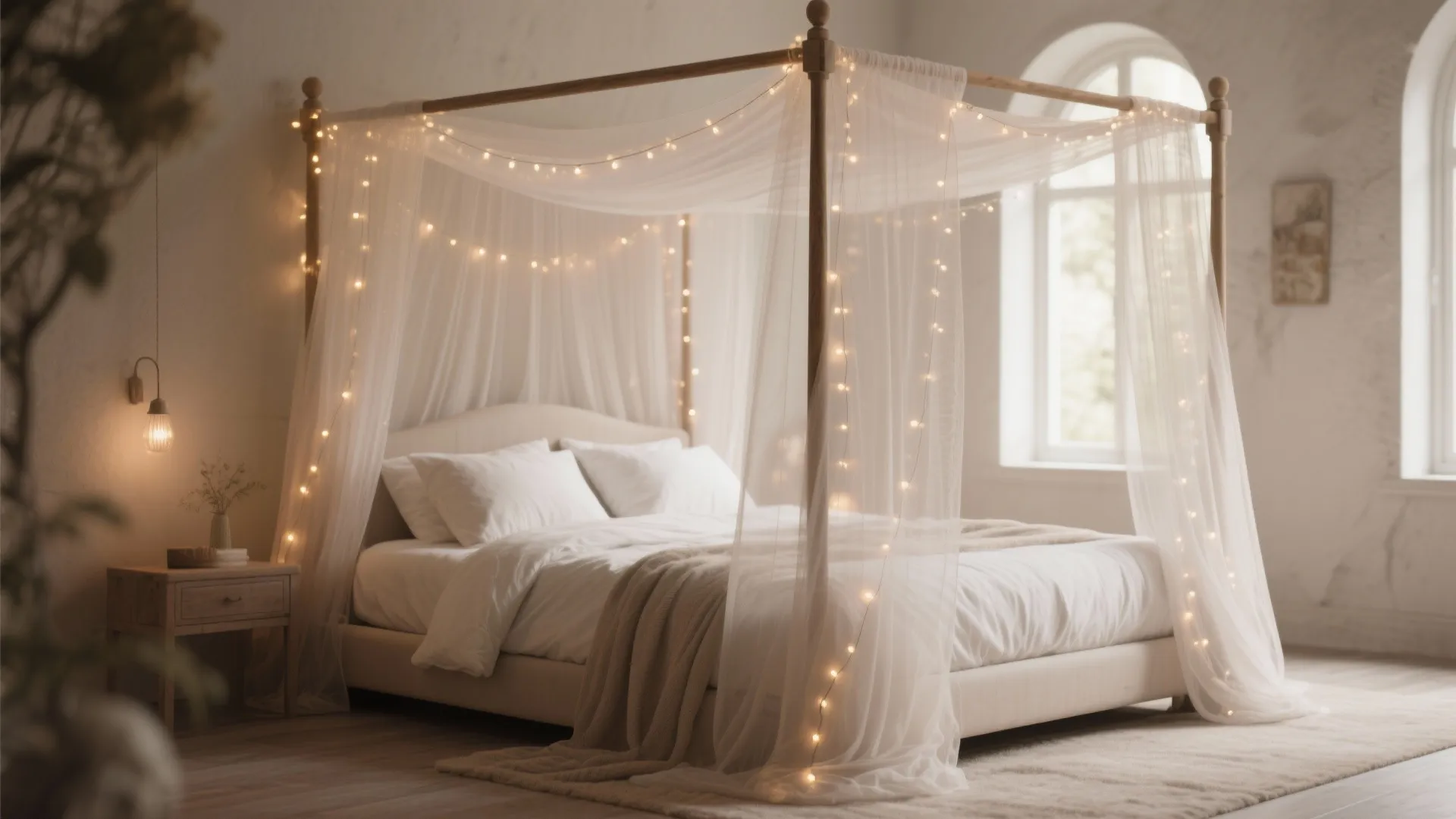 Four-poster bed with sheer mosquito net and fairy lights