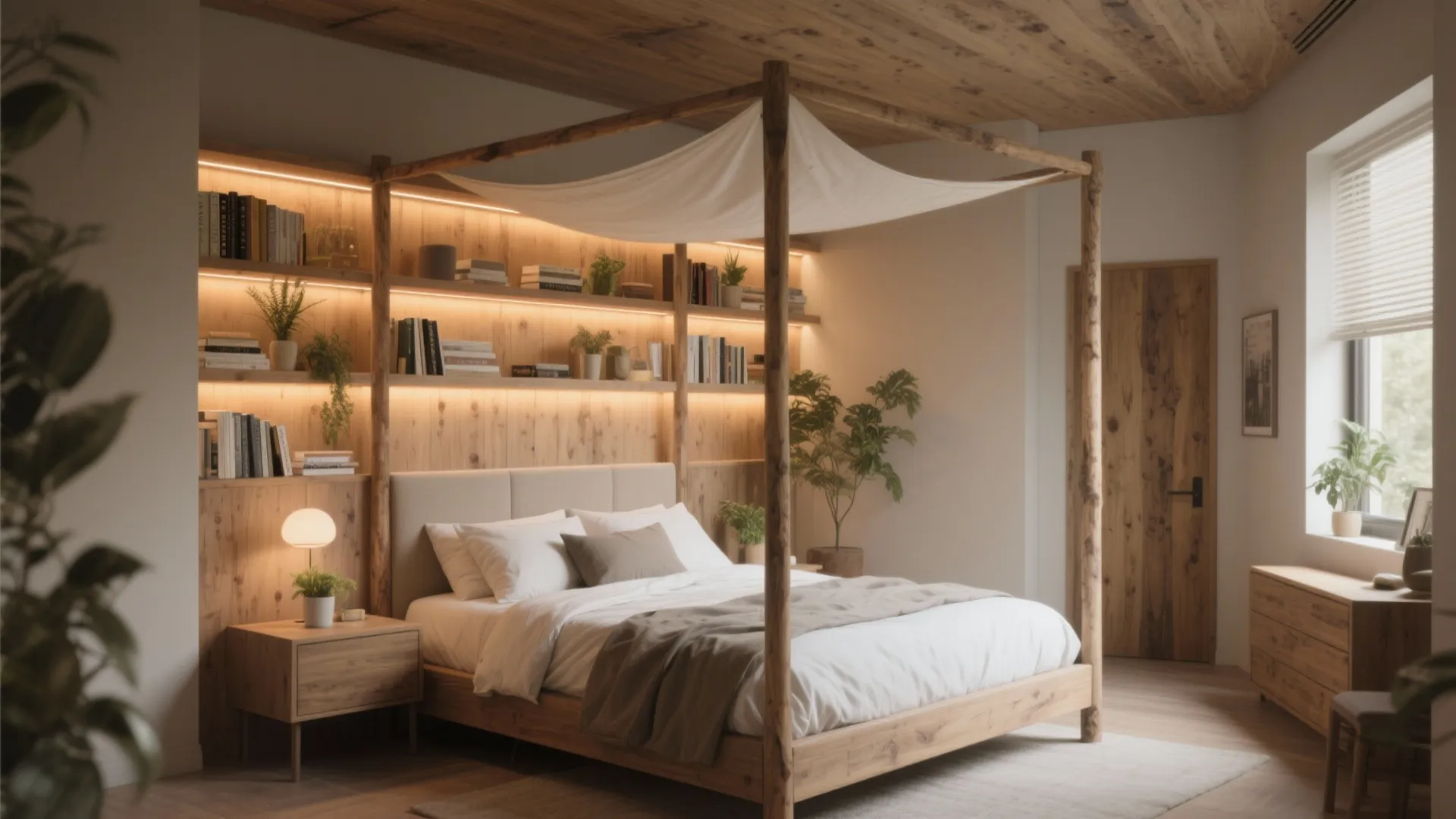 Wooden bed with white fabric top sitting next to a wall shelf with warm lighting