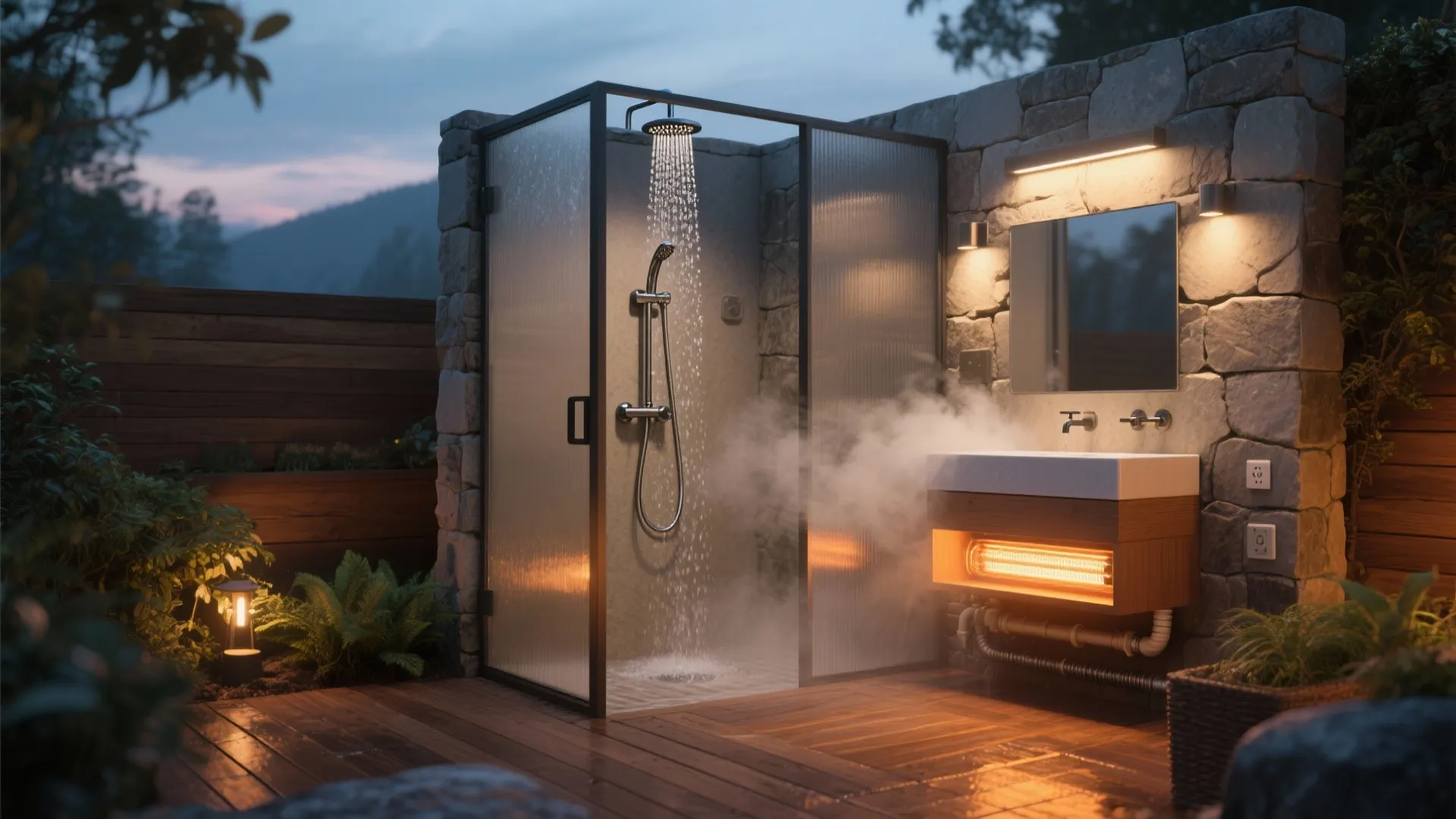 Outdoor shower area at night with glass screen stone wall wooden deck and warm lighting