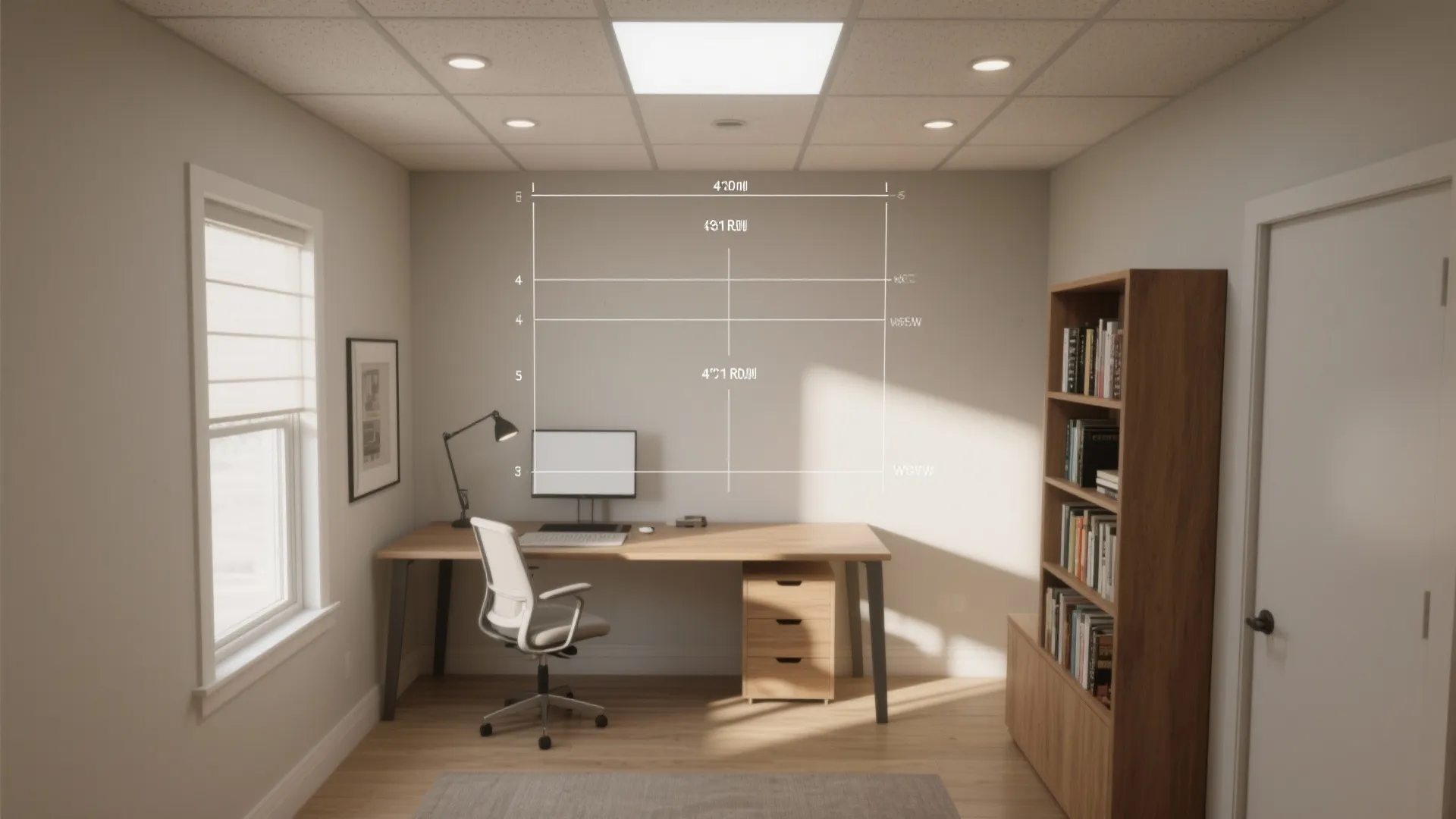 Home office with desk chair bookcase ceiling light and white wall showing room layout measurements