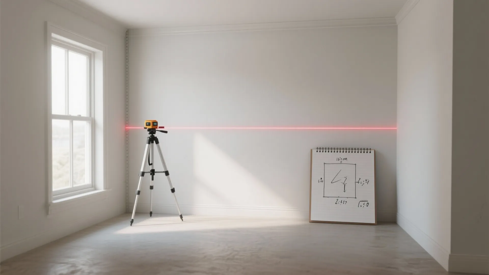 Laser level on tripod projecting red line on white wall with floor plan notebook nearby