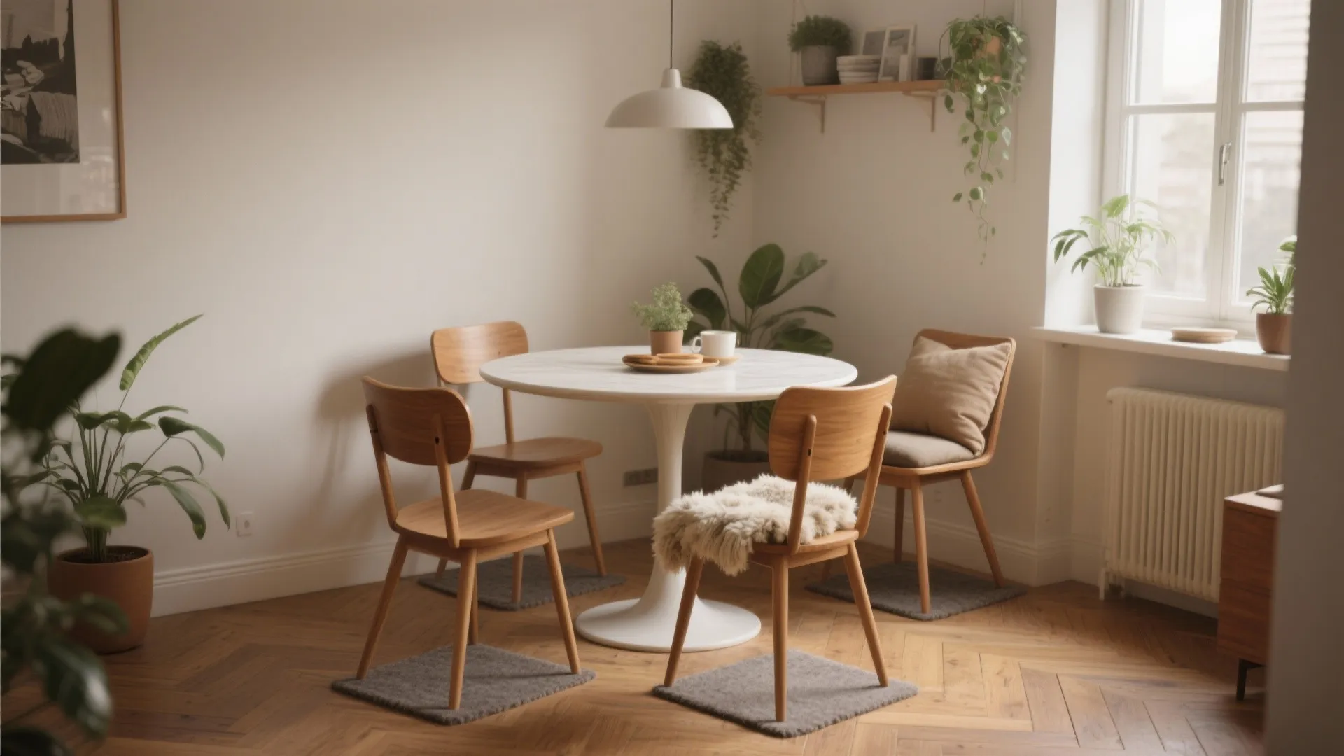 Bright dining area with white round table four wooden chairs hanging plants and natural light