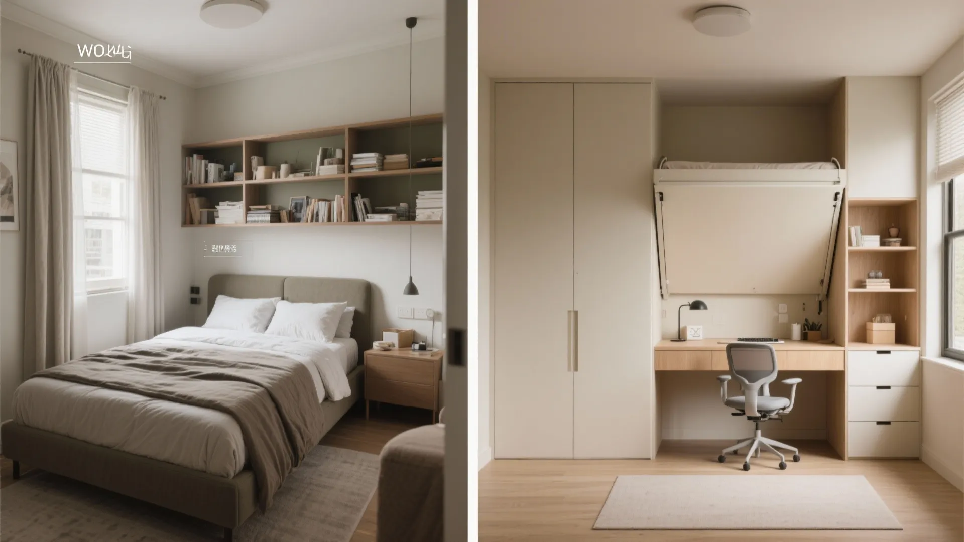 Before and after comparison of a cozy bedroom next to a functional home office desk area