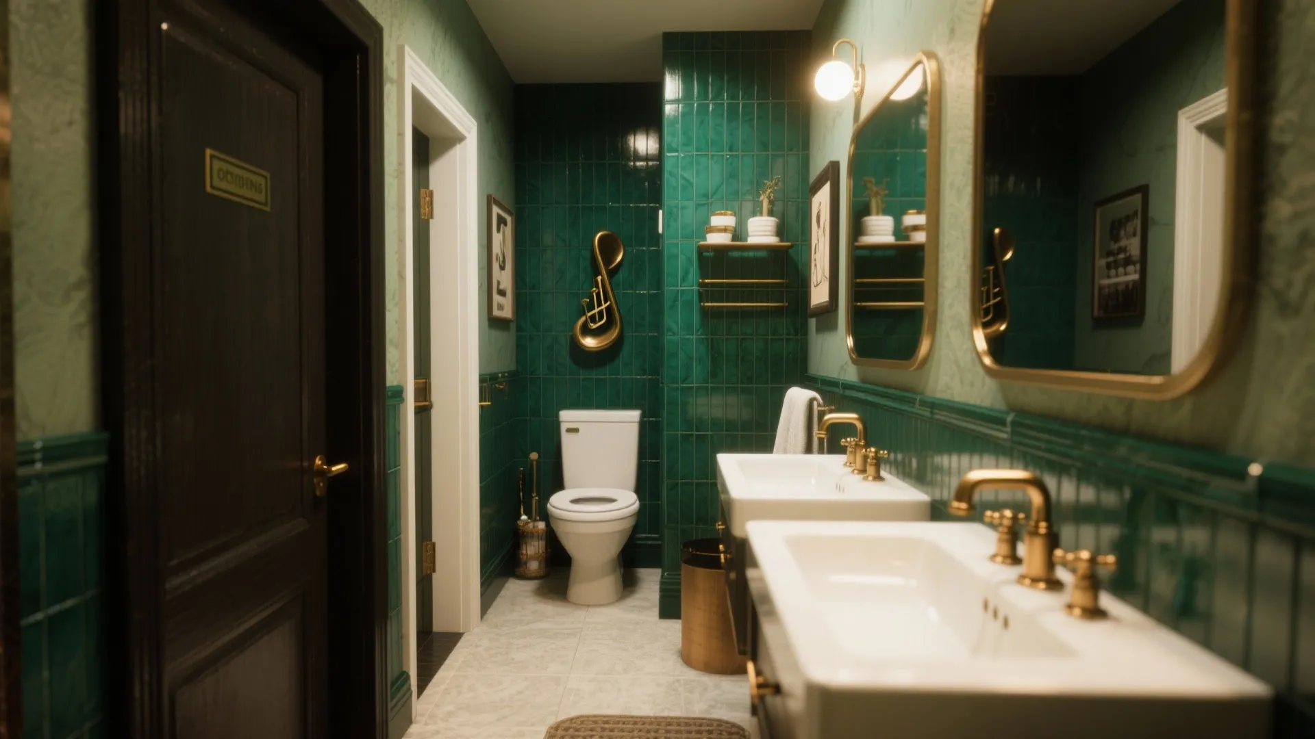 Green tiled bathroom featuring white toilet double sink vanity gold light fixtures and dark wood door