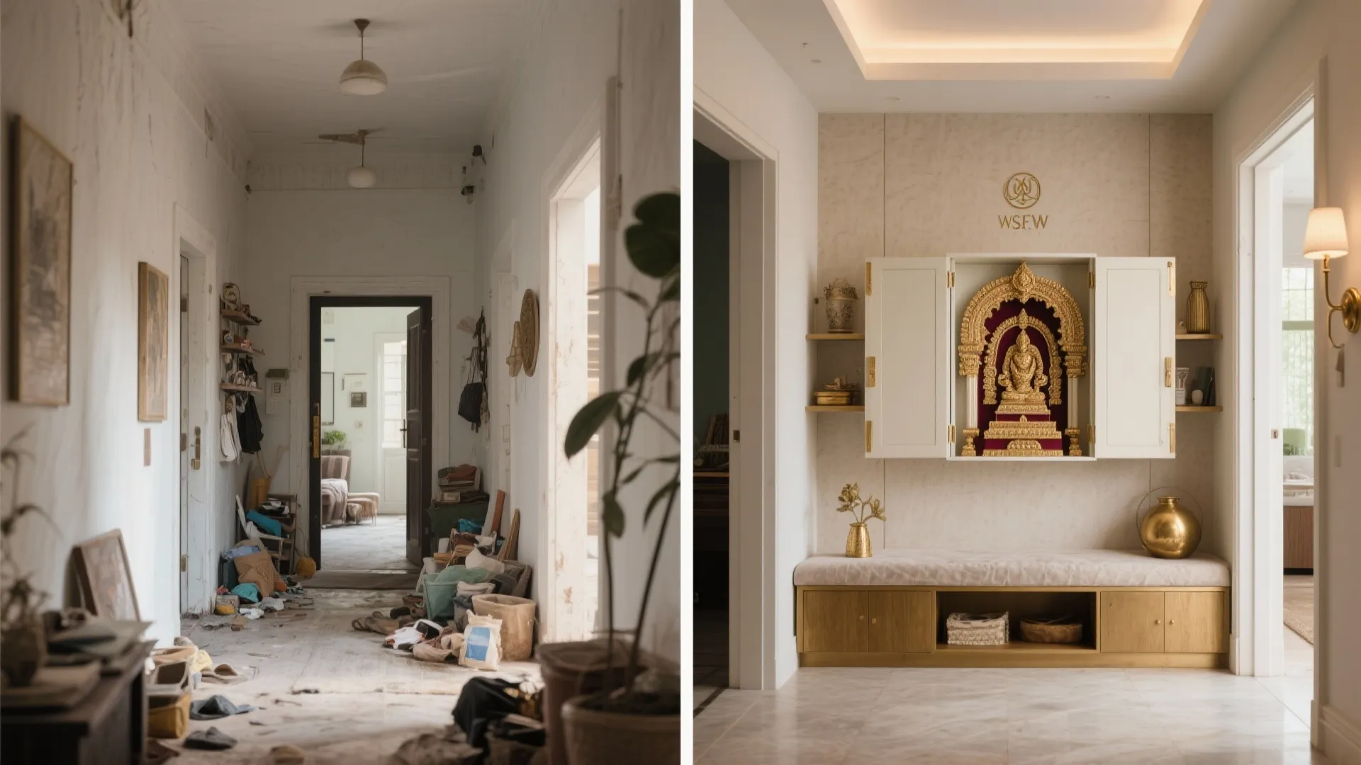 Before and after comparison of a messy hallway versus a clean modern interior design entryway