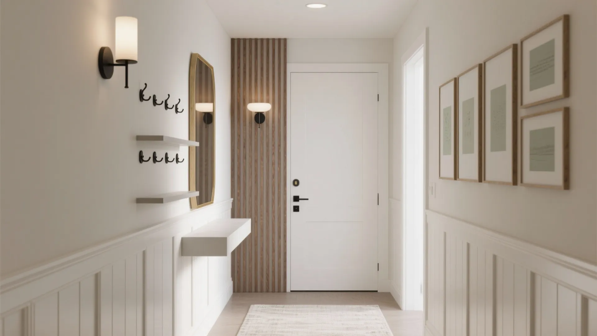 White entryway with wooden wall panel, gold mirror, black wall hooks, and framed wall art