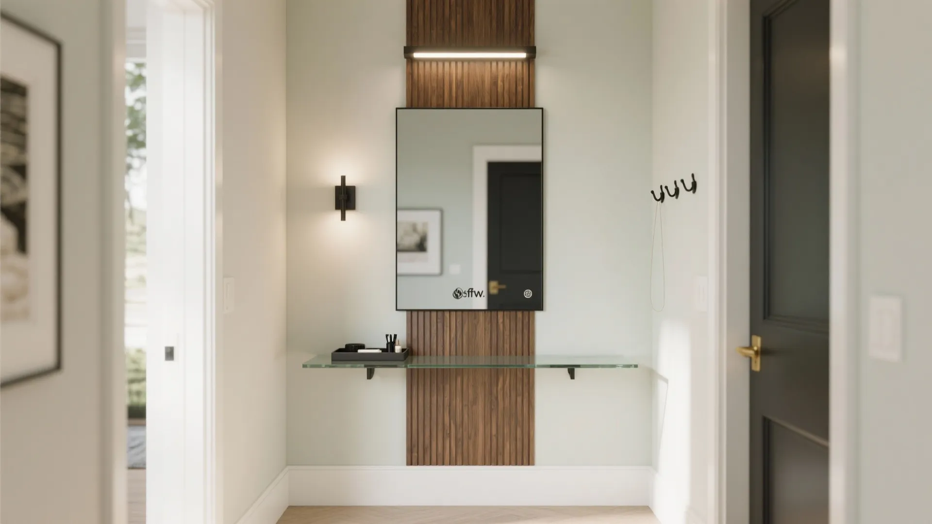 Modern entrance hall with a wall mirror, wooden wall panel, glass shelf, and warm light