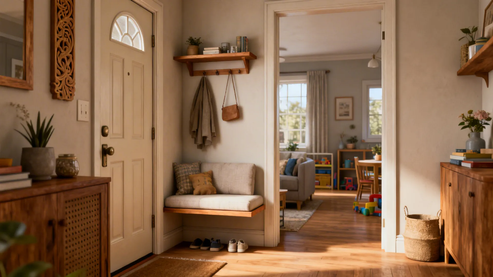 Small entry foyer with a slim console and a floating loveseat creating a clear path.