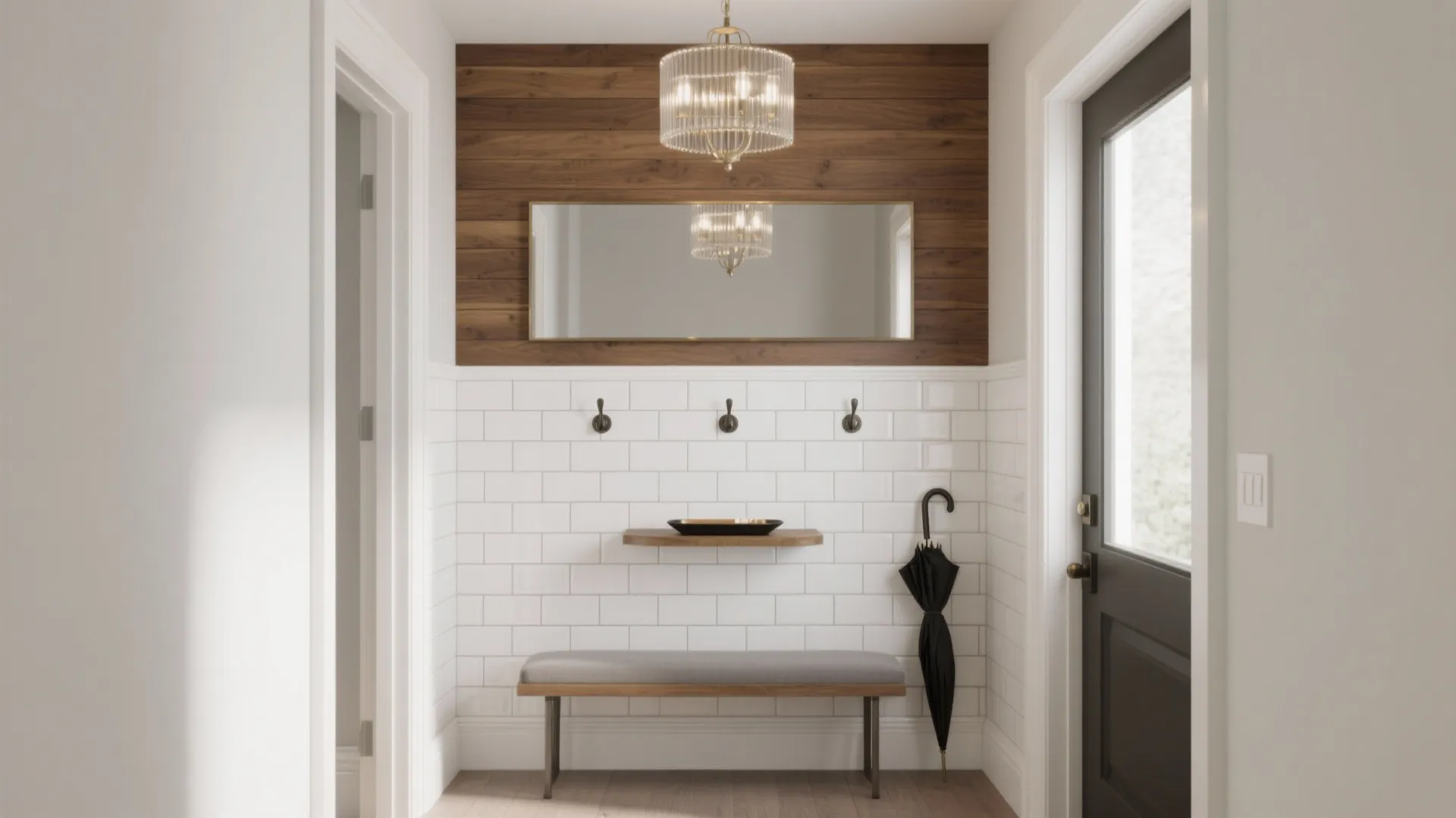 Modern entryway with white wall panels wood wall mirror ceiling light bench and black umbrella