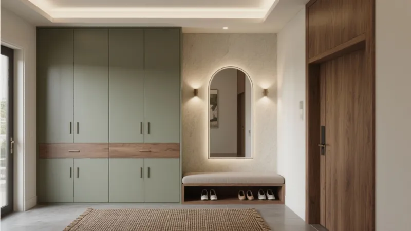 Modern Entrance Hall with Green Storage & Arched Mirror