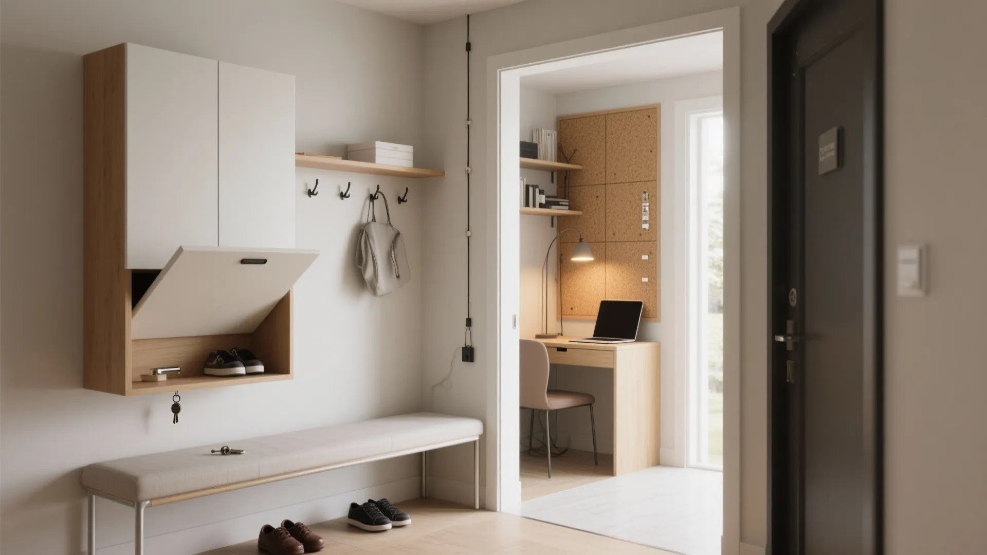 Entry foyer, smart shoe storage, and a micro home-office nook