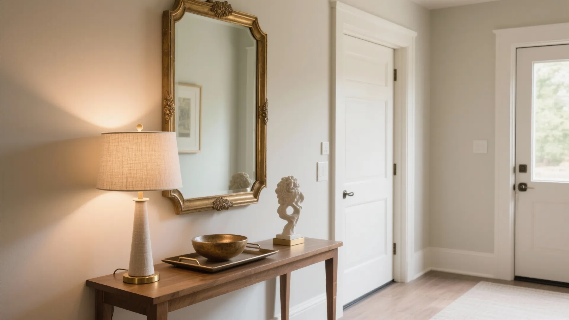 Bright entryway featuring wooden console table gold mirror table lamp white door and light walls