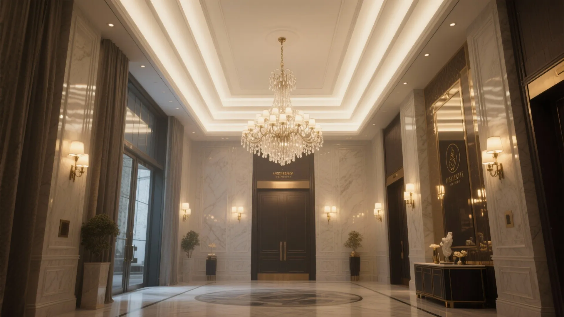 Tall foyer with chandelier and wall sconces creating warm layered lighting