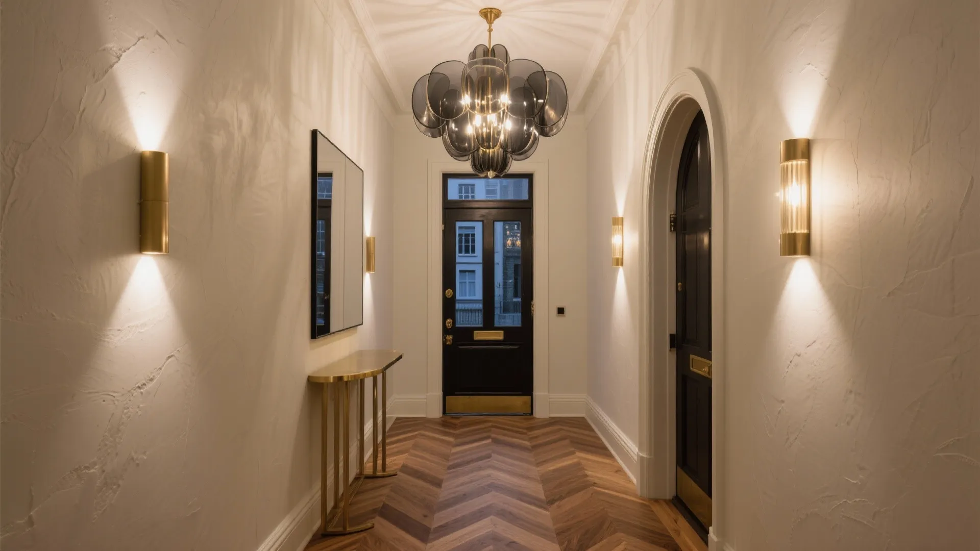 Hallway interior with wooden floor black front door gold wall lights and large ceiling light