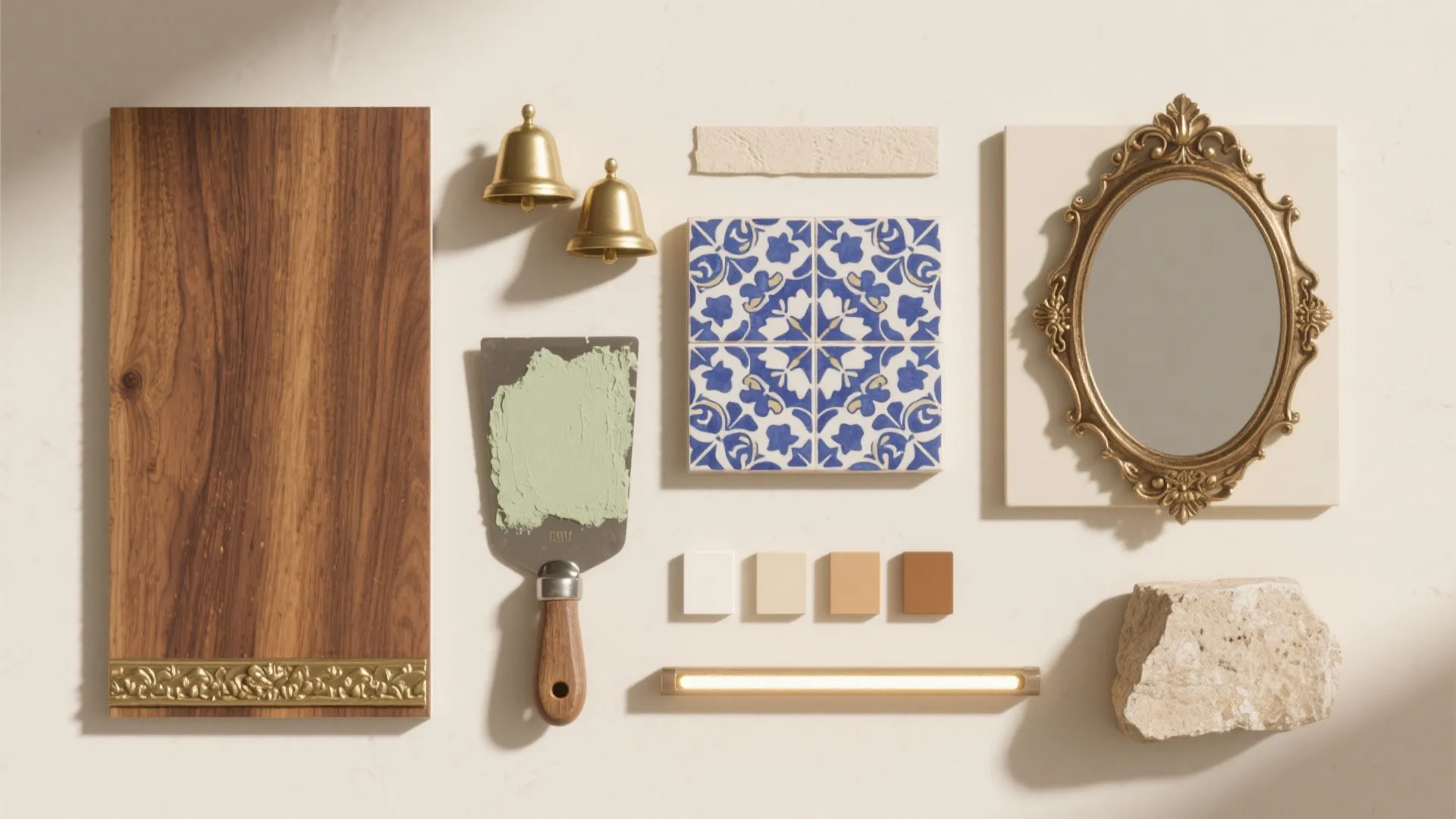 Interior design materials showing wood blue tiles small bells gold mirror and green paint sample