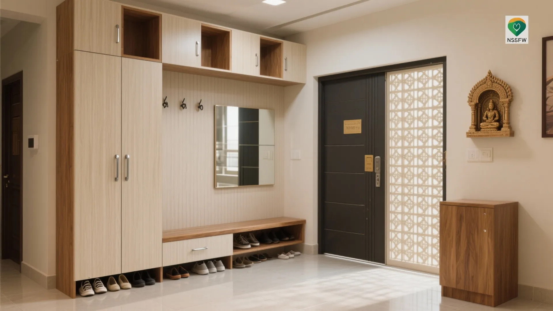 Minimalist foyer storage that fights Noida dust