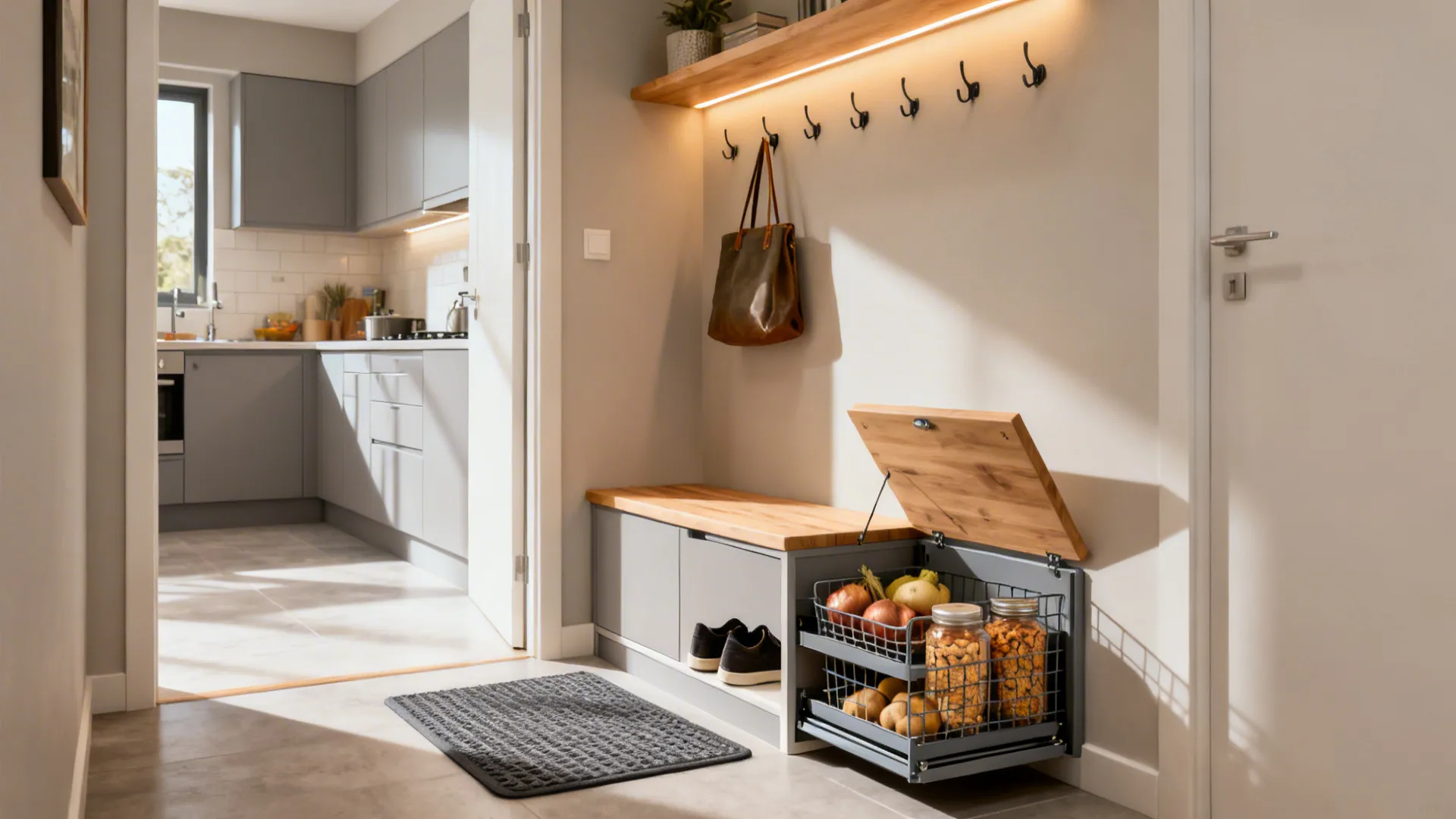 Compact foyer niche with a 300 mm shoe bench and slim wire pantry pull-outs.