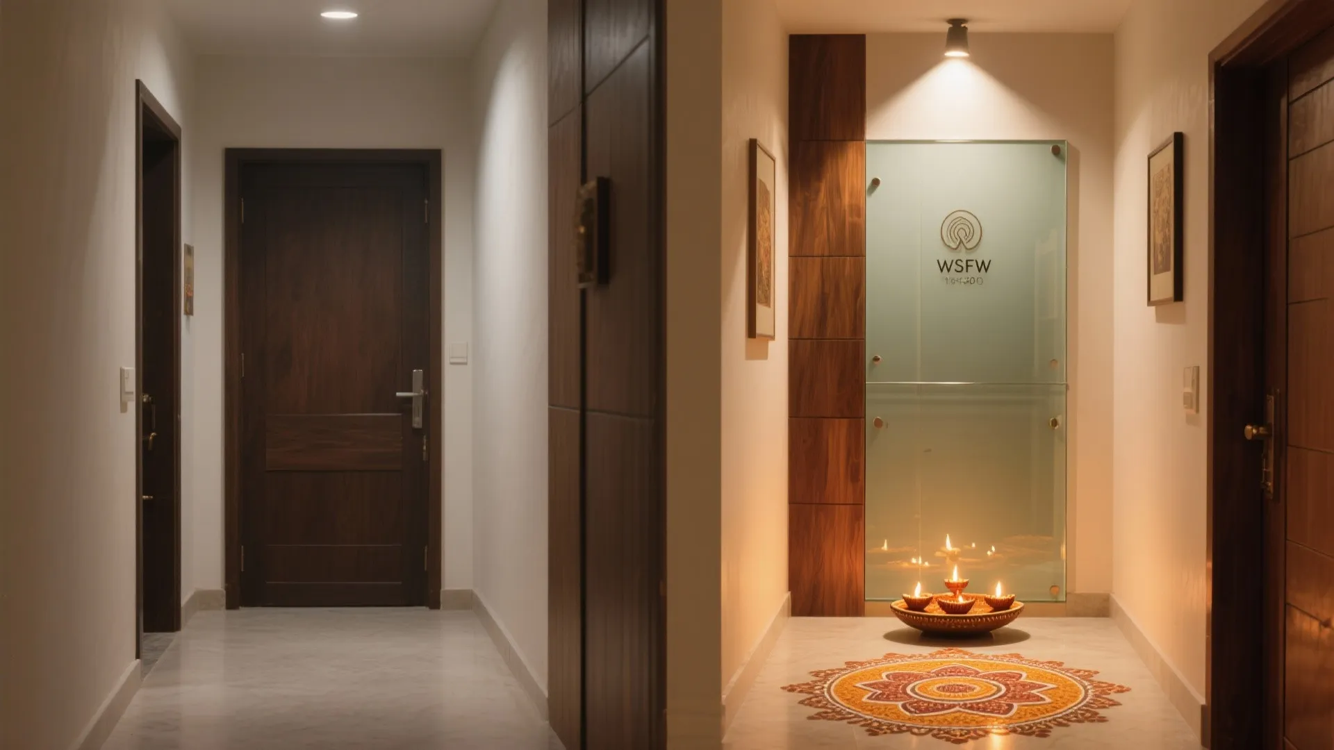 Modern entrance hallway featuring a floor pattern and small candles with warm indoor light fixtures