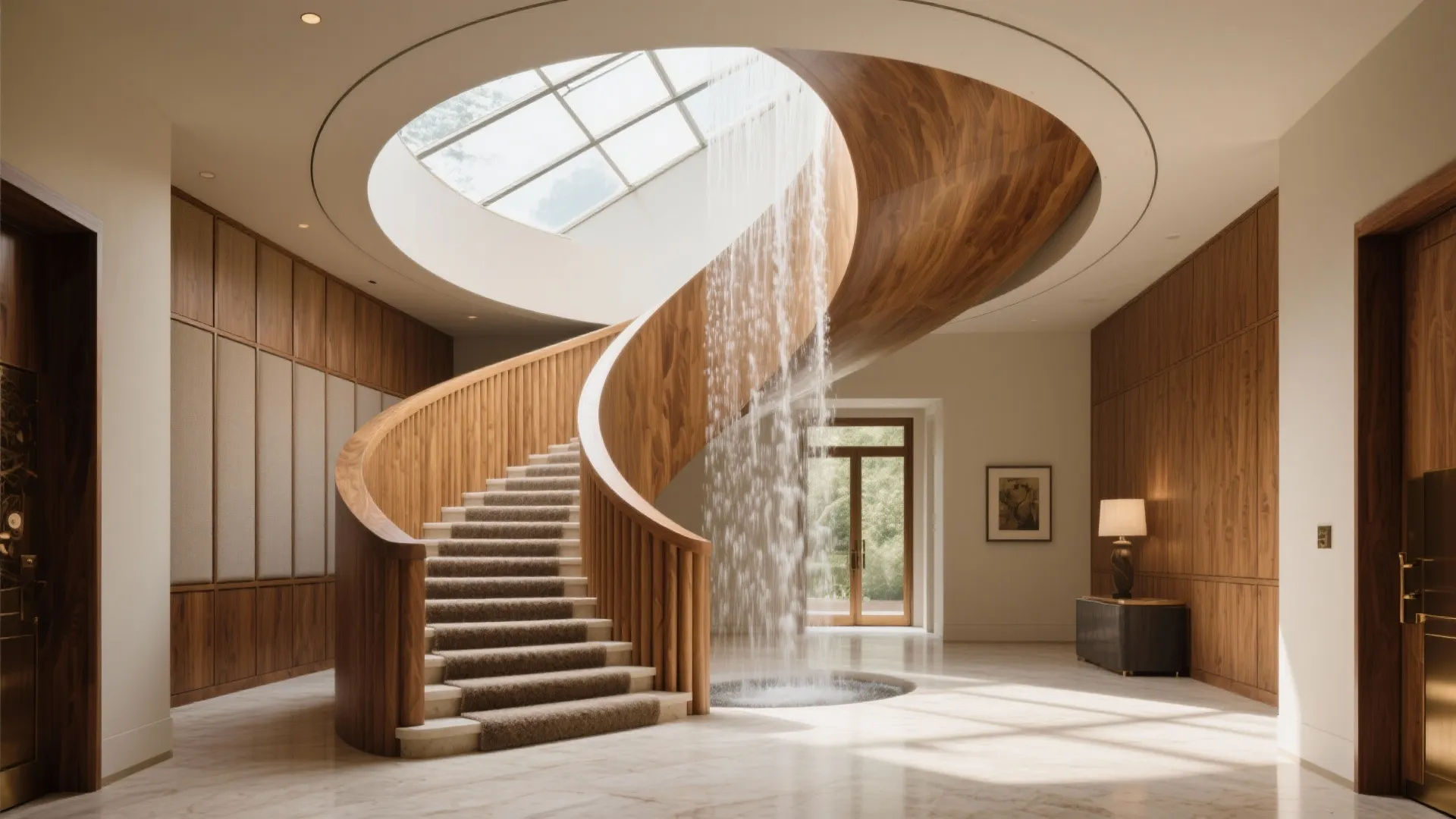 Grand foyer drama with a sculptural stair and skylight