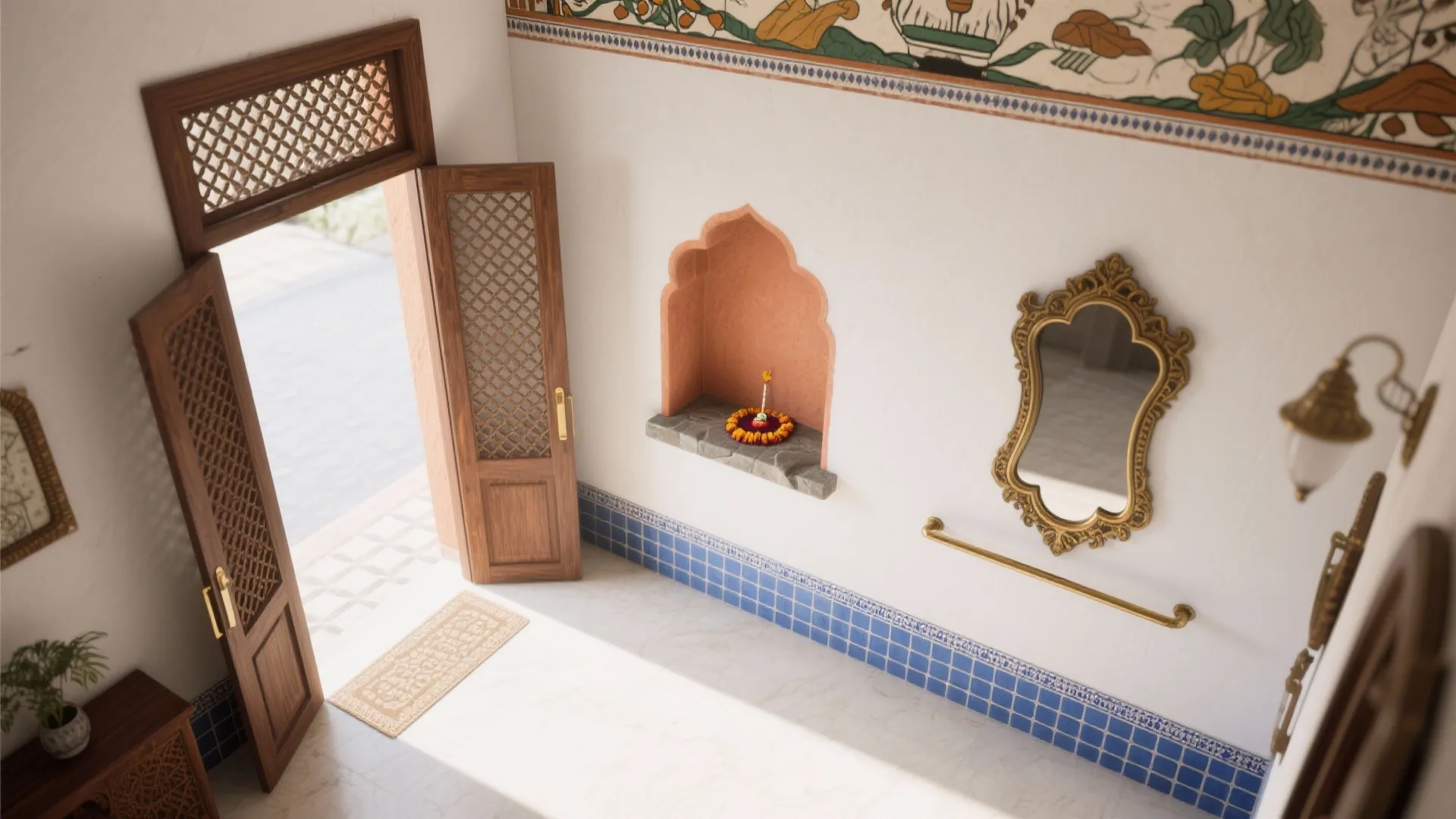 Top view of a bright foyer with wooden doors blue tiles wall mirror and wall light