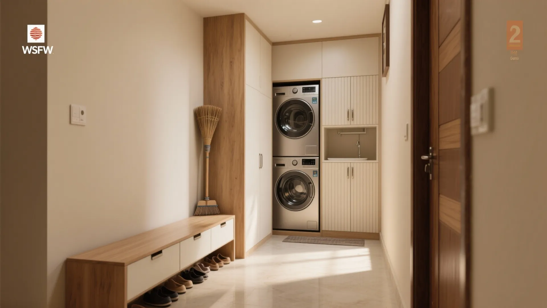 Entryway Utility Wall: Shoe Bench, Tall Cabinet, and Hidden Laundry