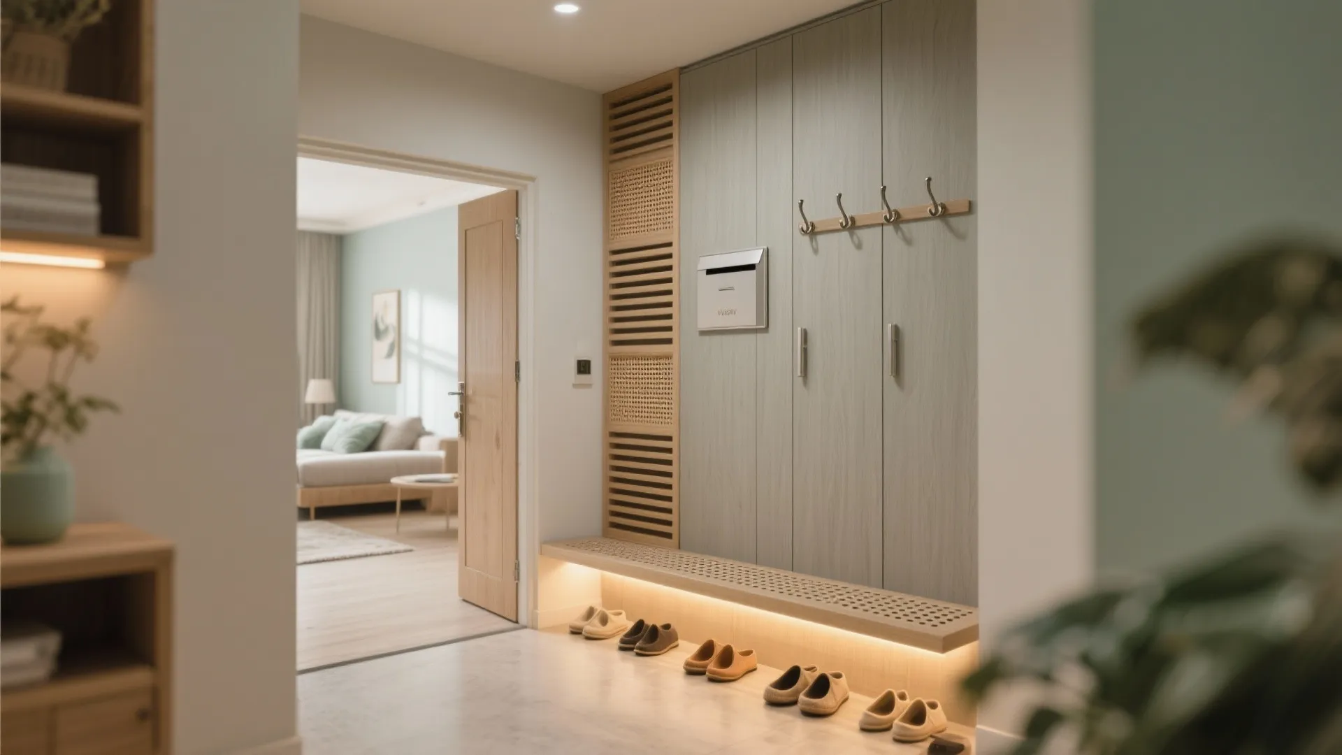 Modern entryway with a tall grey cabinet, wooden bench, light floor, and open doorway view