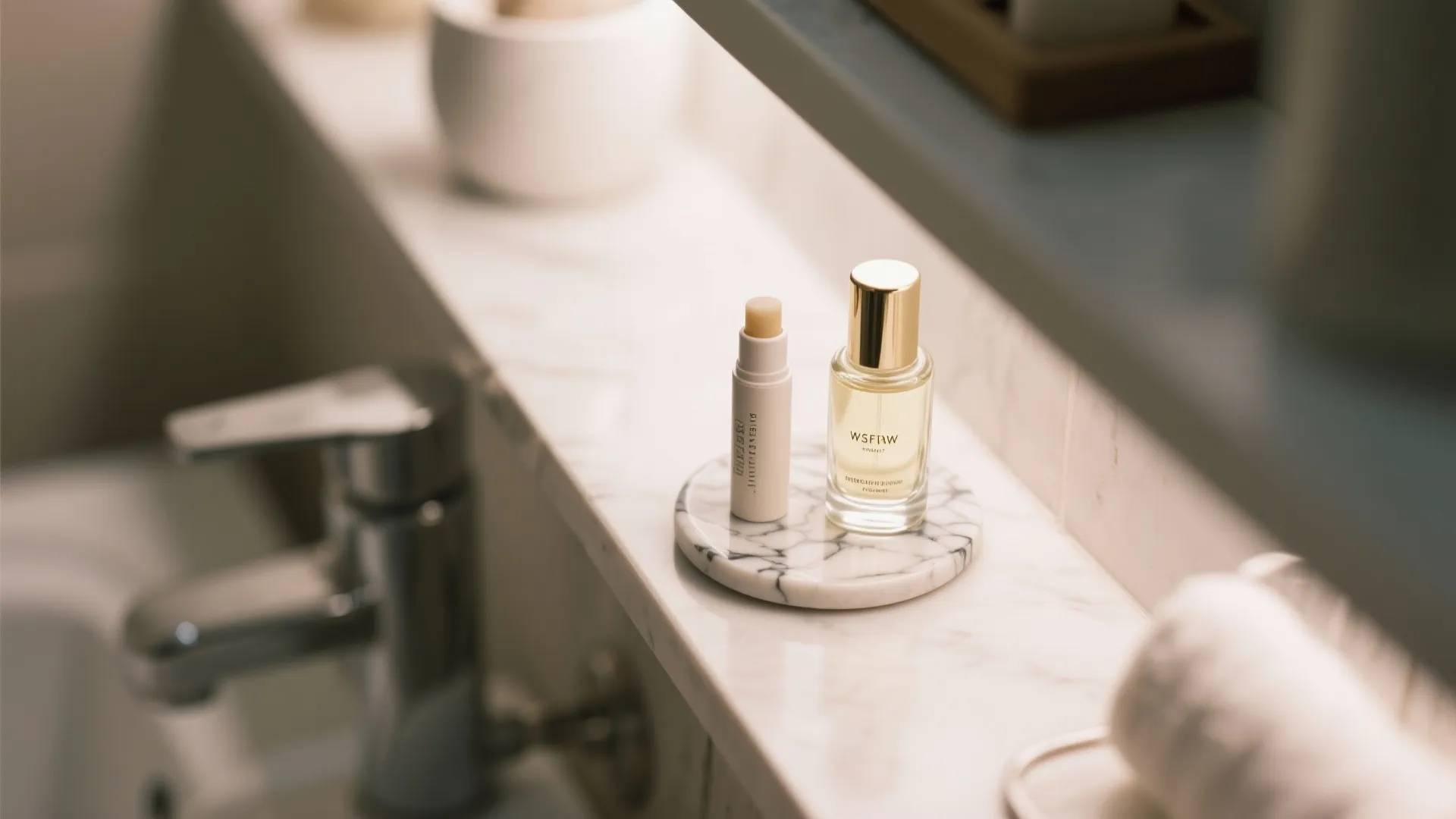 Small perfume bottle and lip balm on marble coaster over white stone bathroom counter surface