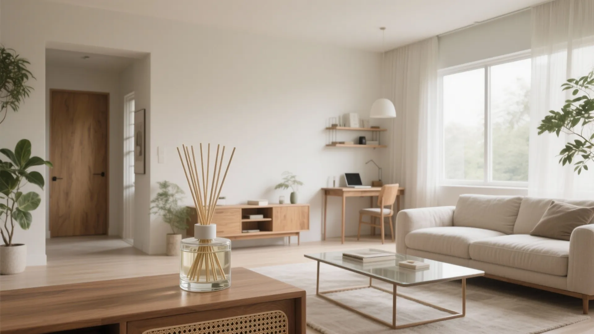 Reed diffuser on wooden cabinet in bright living room with beige sofa and small desk