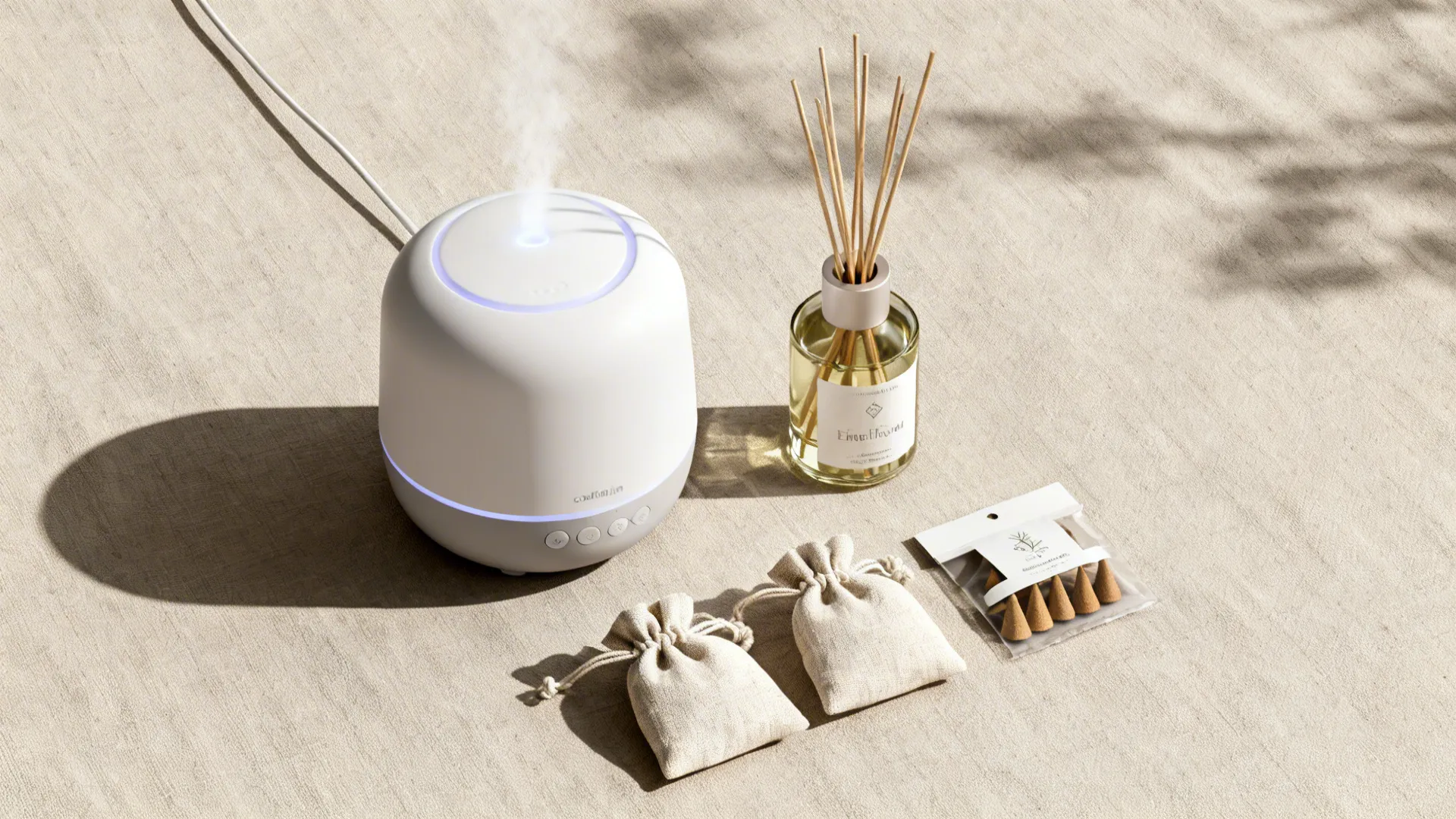 Flatlay of diffuser, reed diffuser, sachets, and smokeless incense on linen surface.