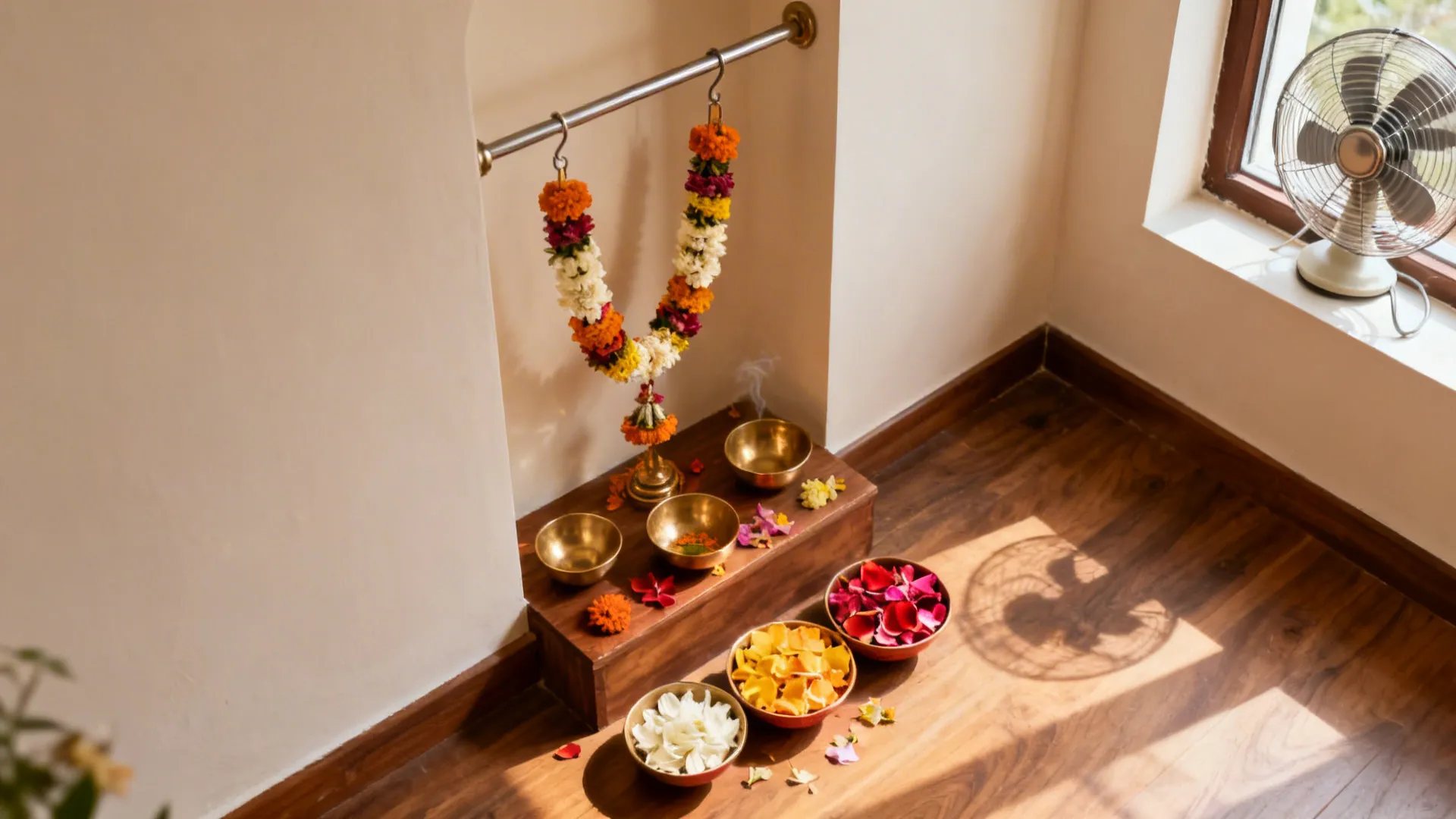 Top-down layout with garlands hung high and petal bowls low in a compact pooja corner.
