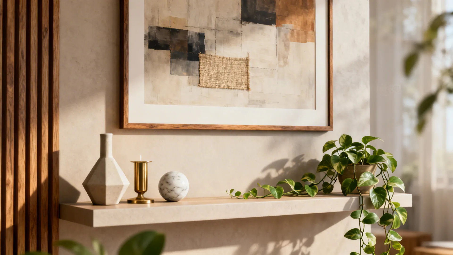 Large framed print above a floating shelf with plants and small decor, creating layered interest.