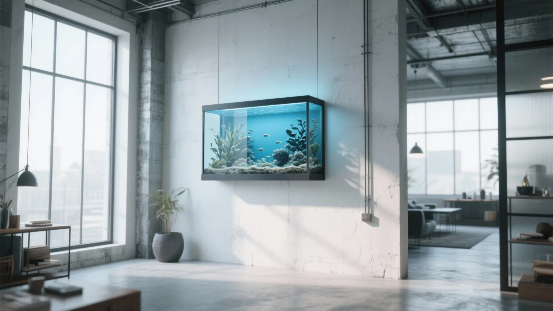 Wall-mounted frame-style aquarium in modern loft living room