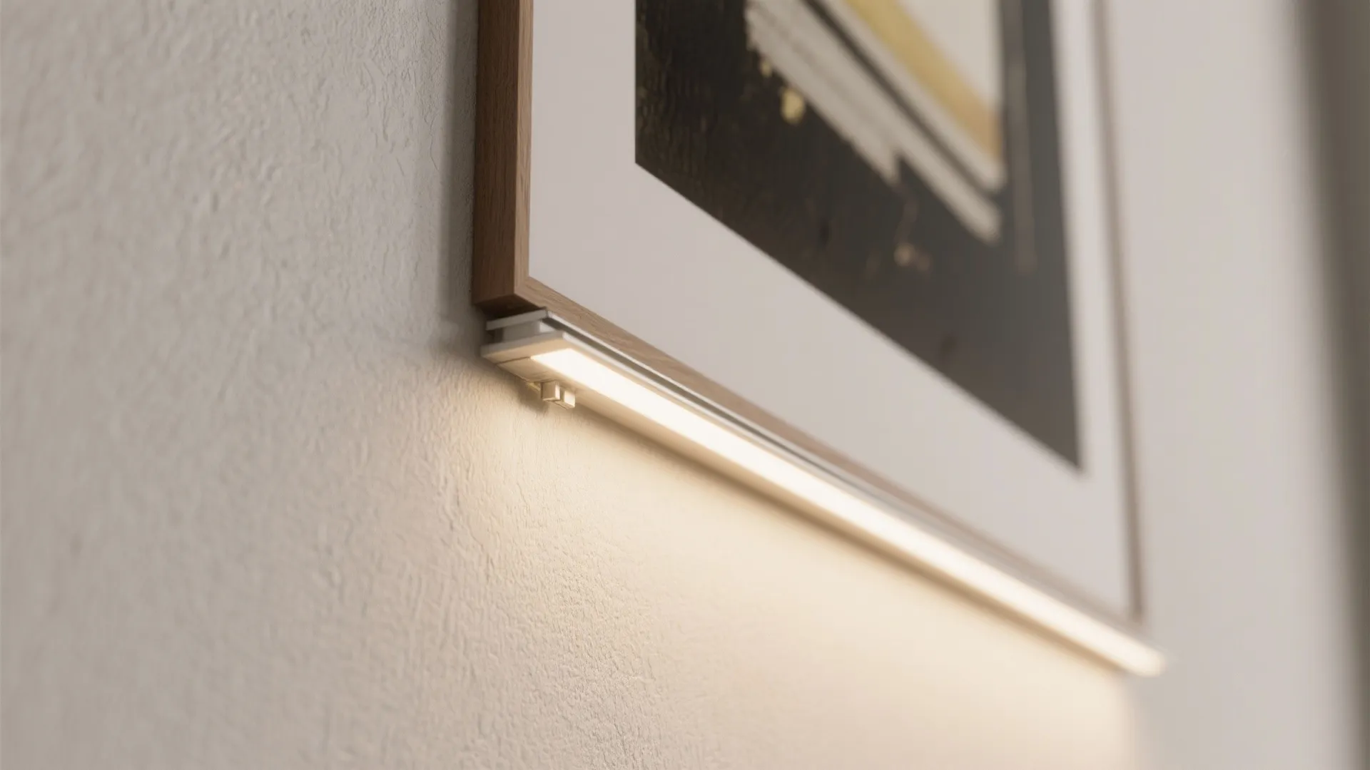 Slim LED linear light washing a framed artwork with hidden wiring behind trim