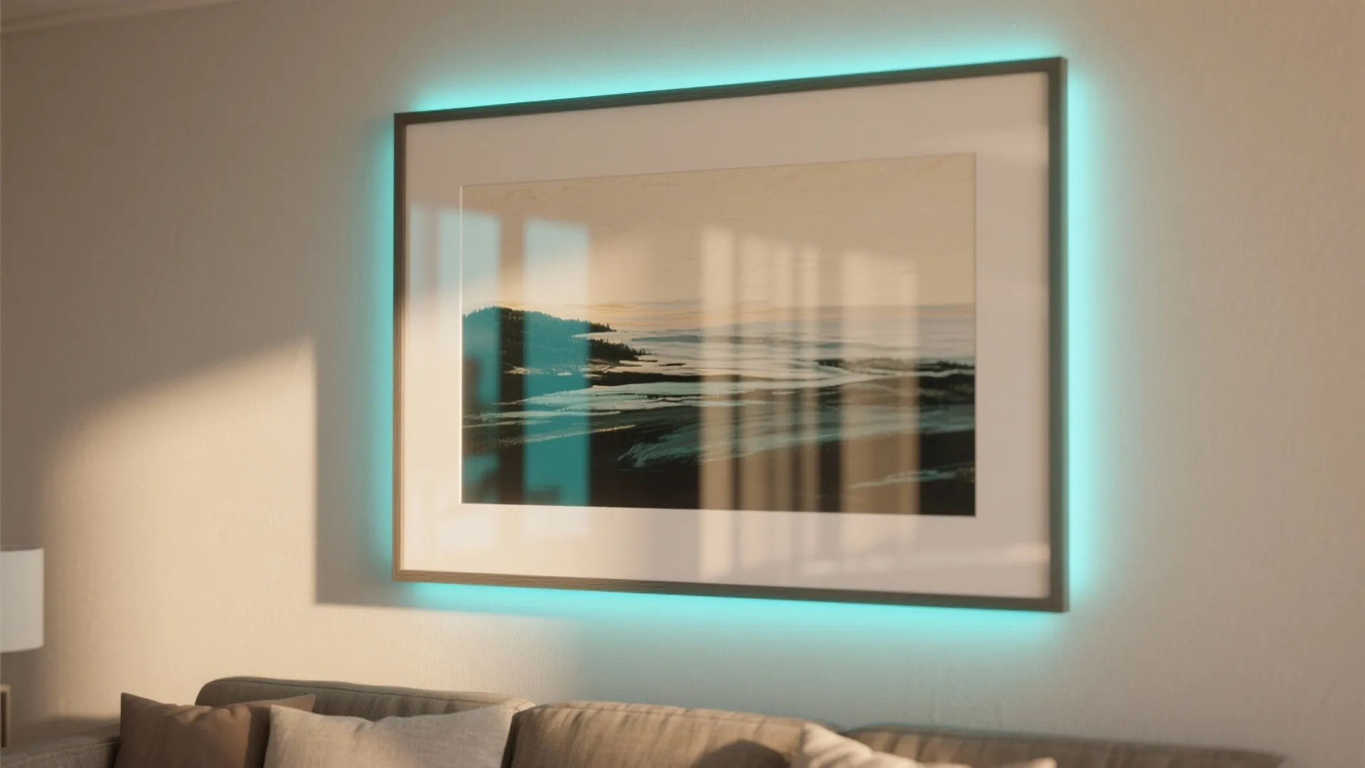 Modern framed wall art with blue backlight hanging above a grey sofa in living room