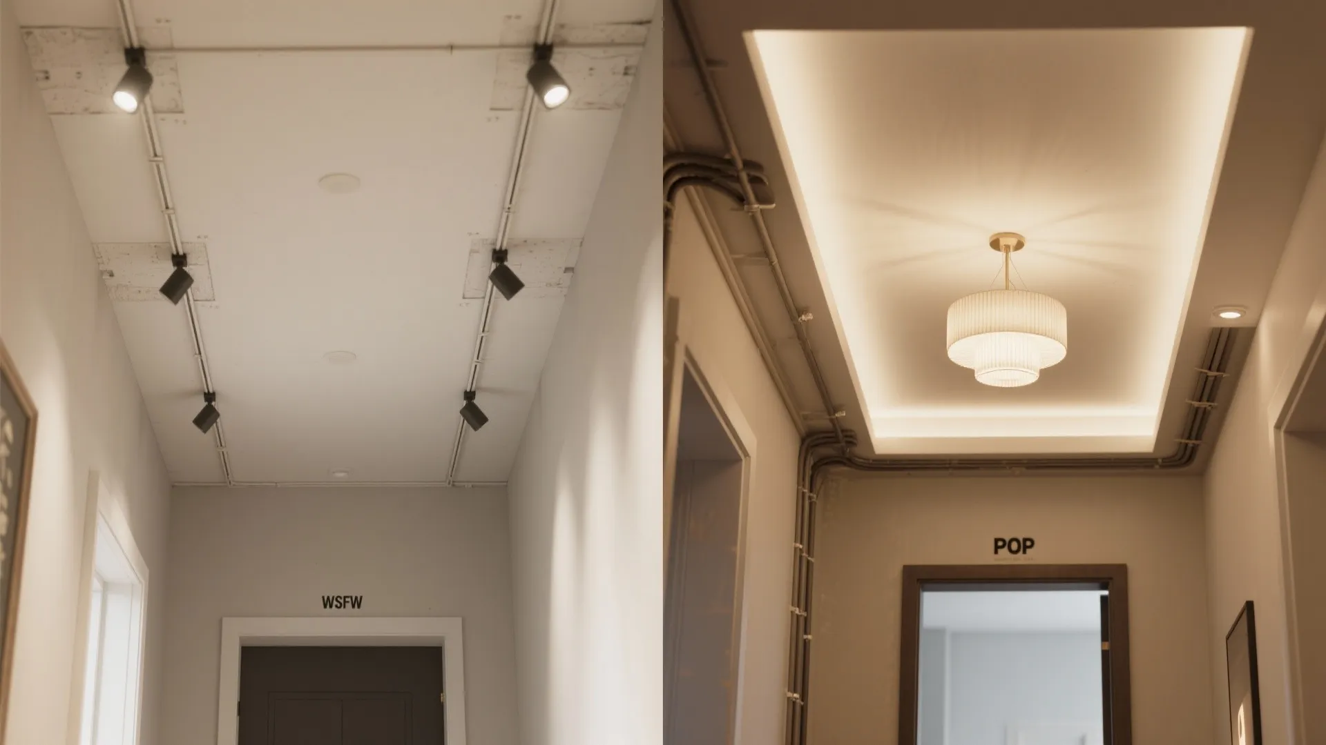 Before and after of a hall ceiling from plain flat to minimal POP frame with chandelier.
