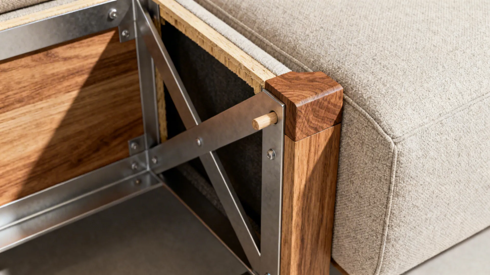 Close-up cutaway of sofa showing steel frame, kiln-dried hardwood joint, reinforced corner block and double dowels.