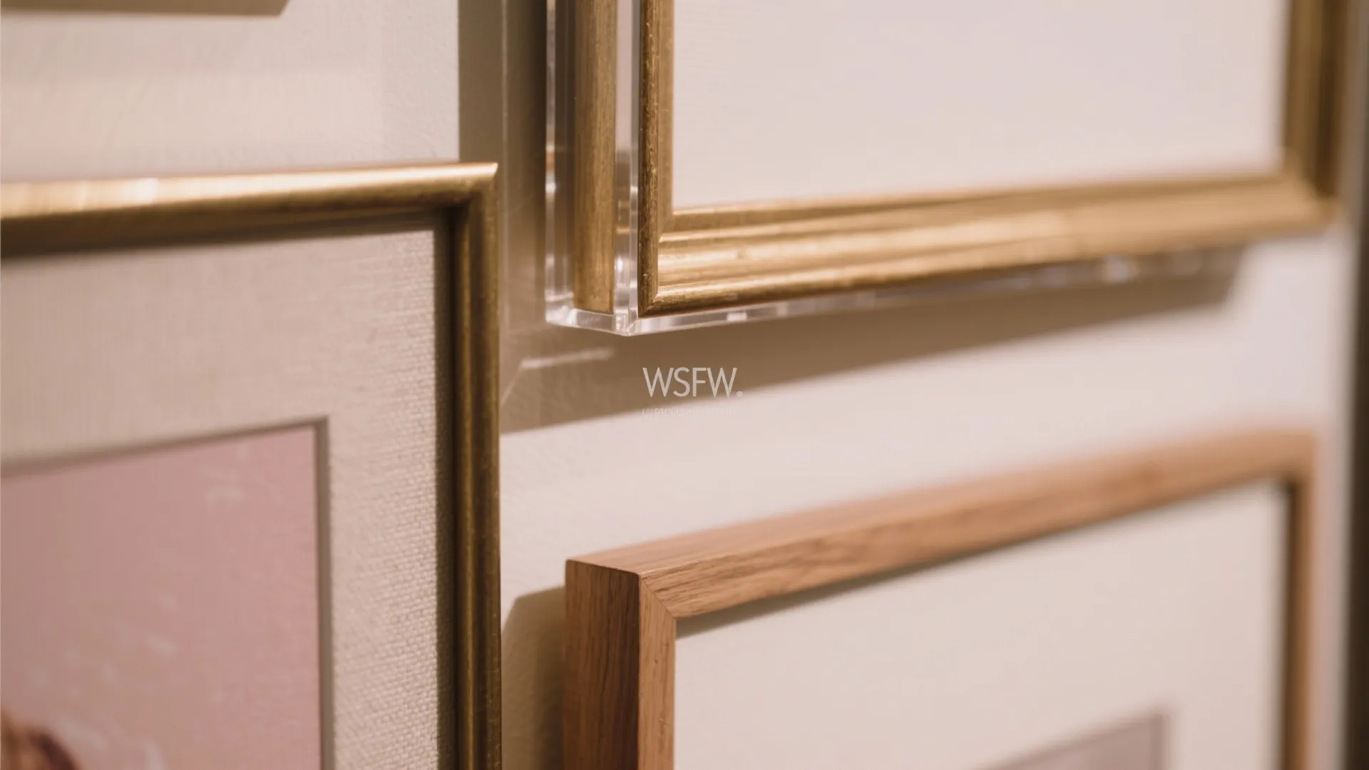 Detailed view of multiple picture frames on wall featuring gold frame wood frame and glass
